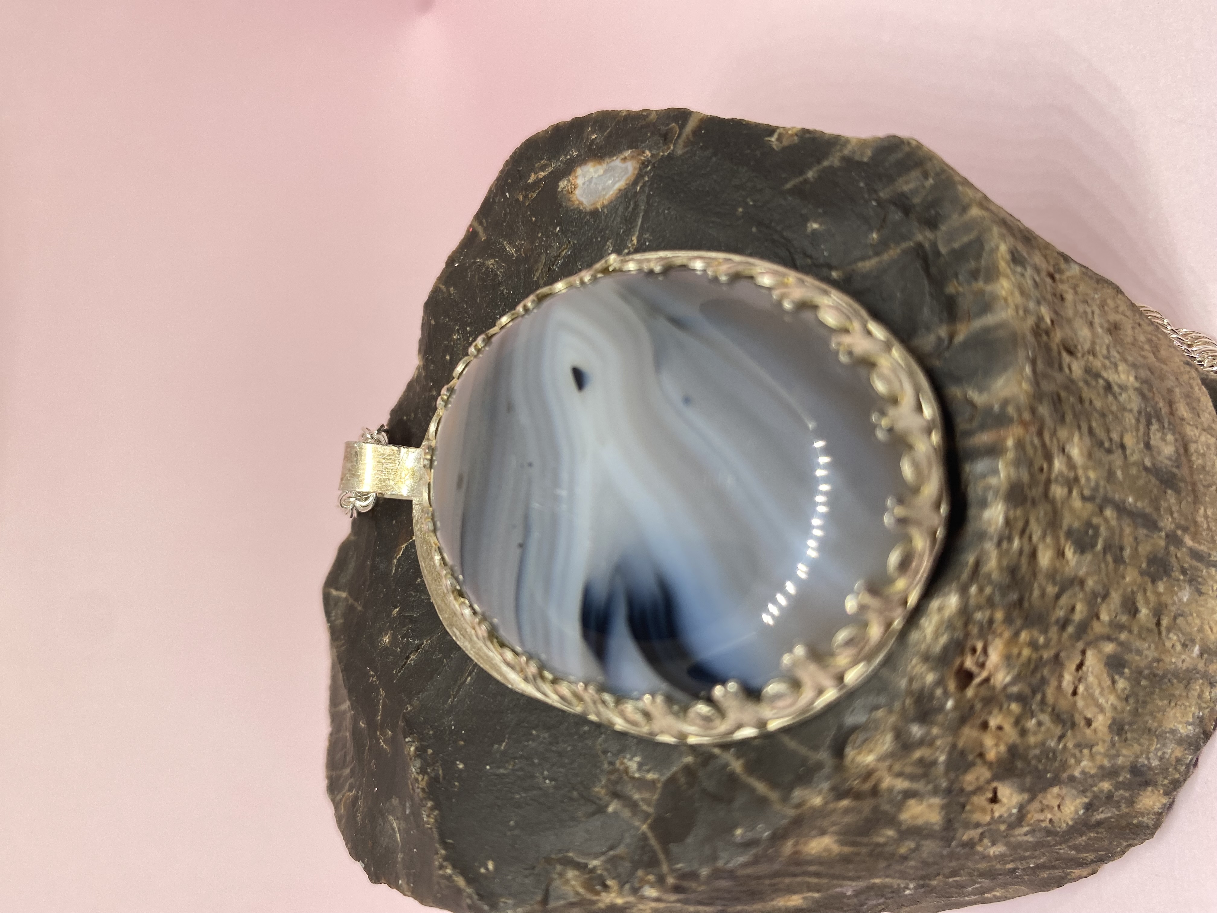 Botswana Agate Pendant set in Fancy Gallery Bezel and Solid Sterling Silver Backing Necklace with Chain