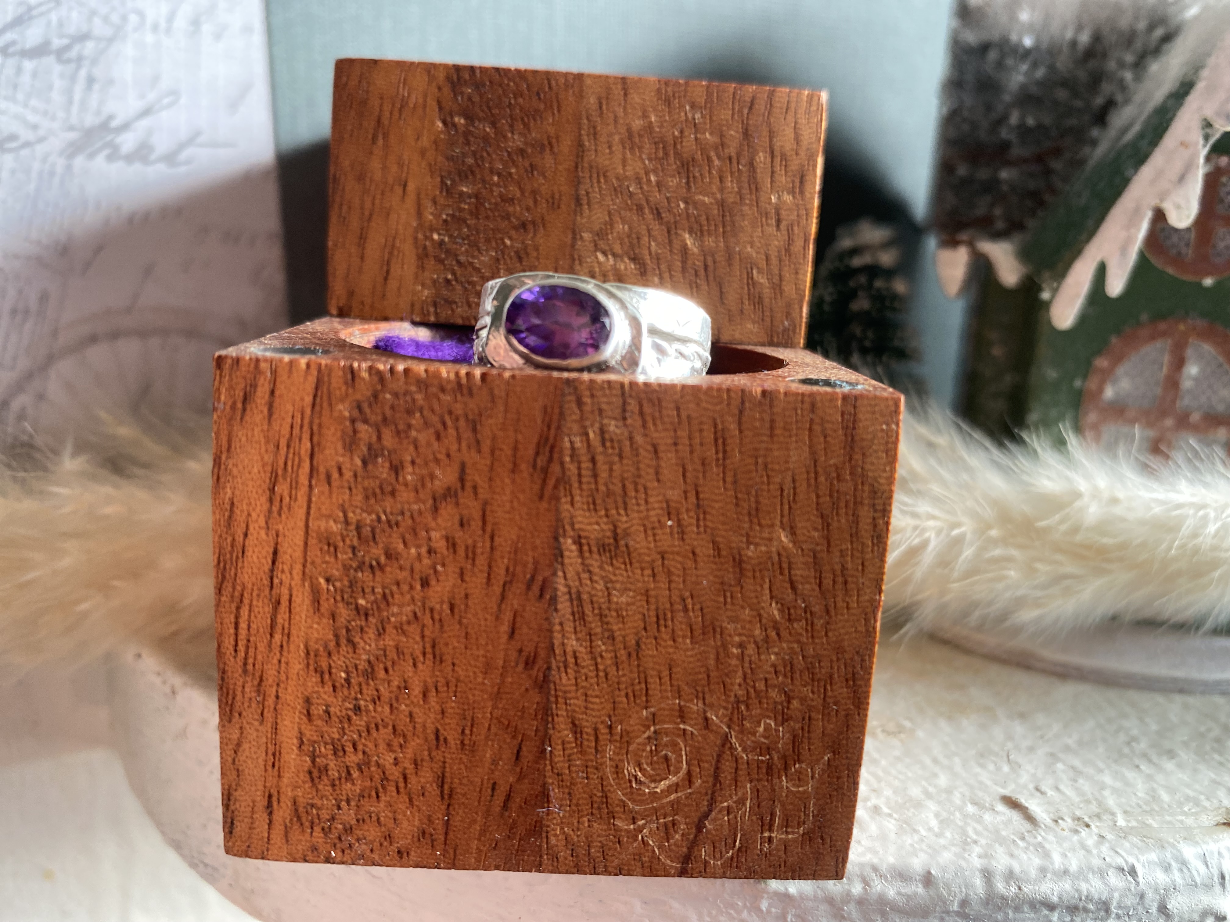 Rich Color Play Purple 9x6mm Amethyst Set in Sterling Silver Size 6.5 Ring with Hand Stamped Sheet and Twist Ring Band 