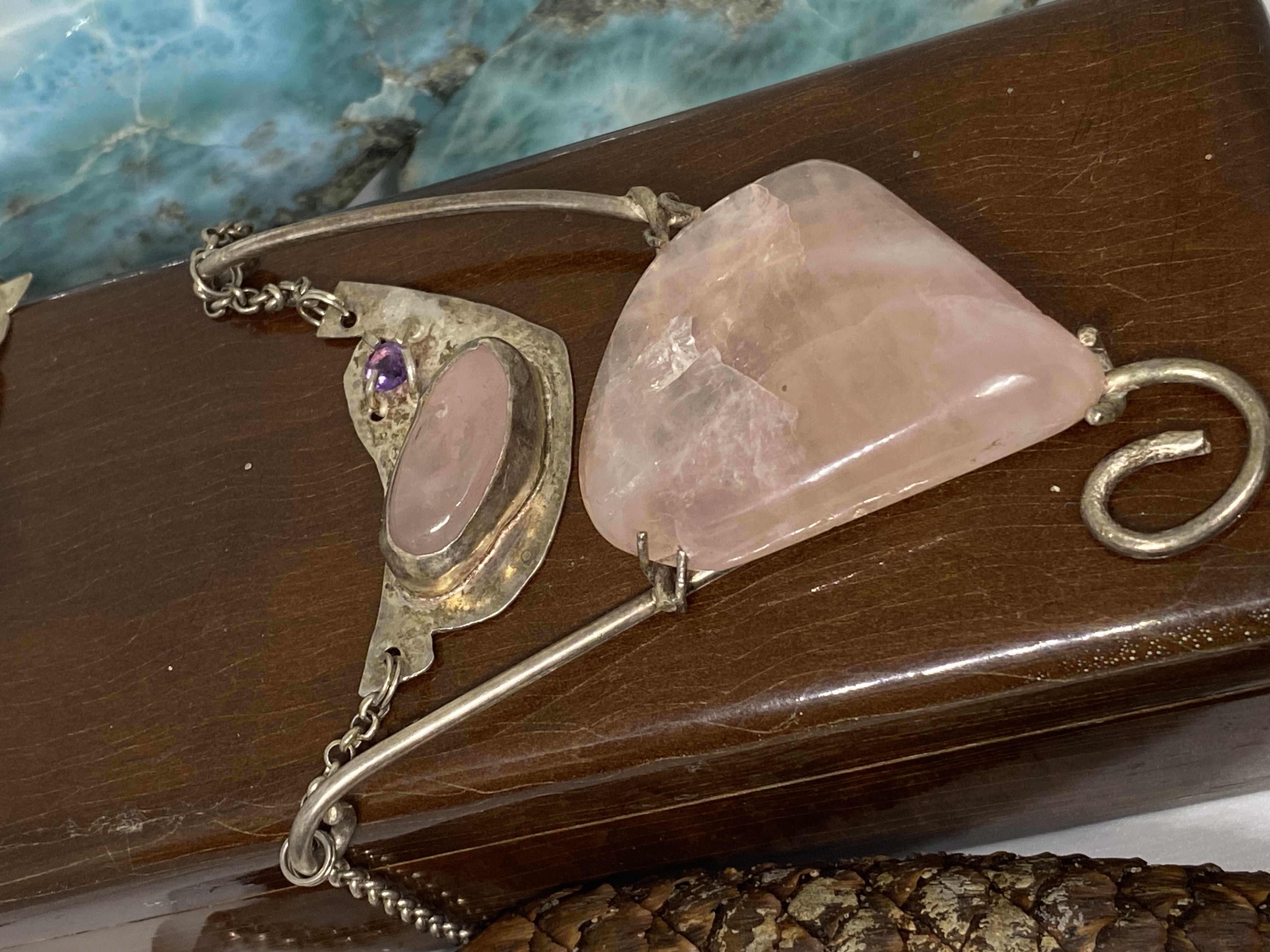 Bubble Flash Rose Quartz and Vintage Siberian Amethyst set in Sterling Silver