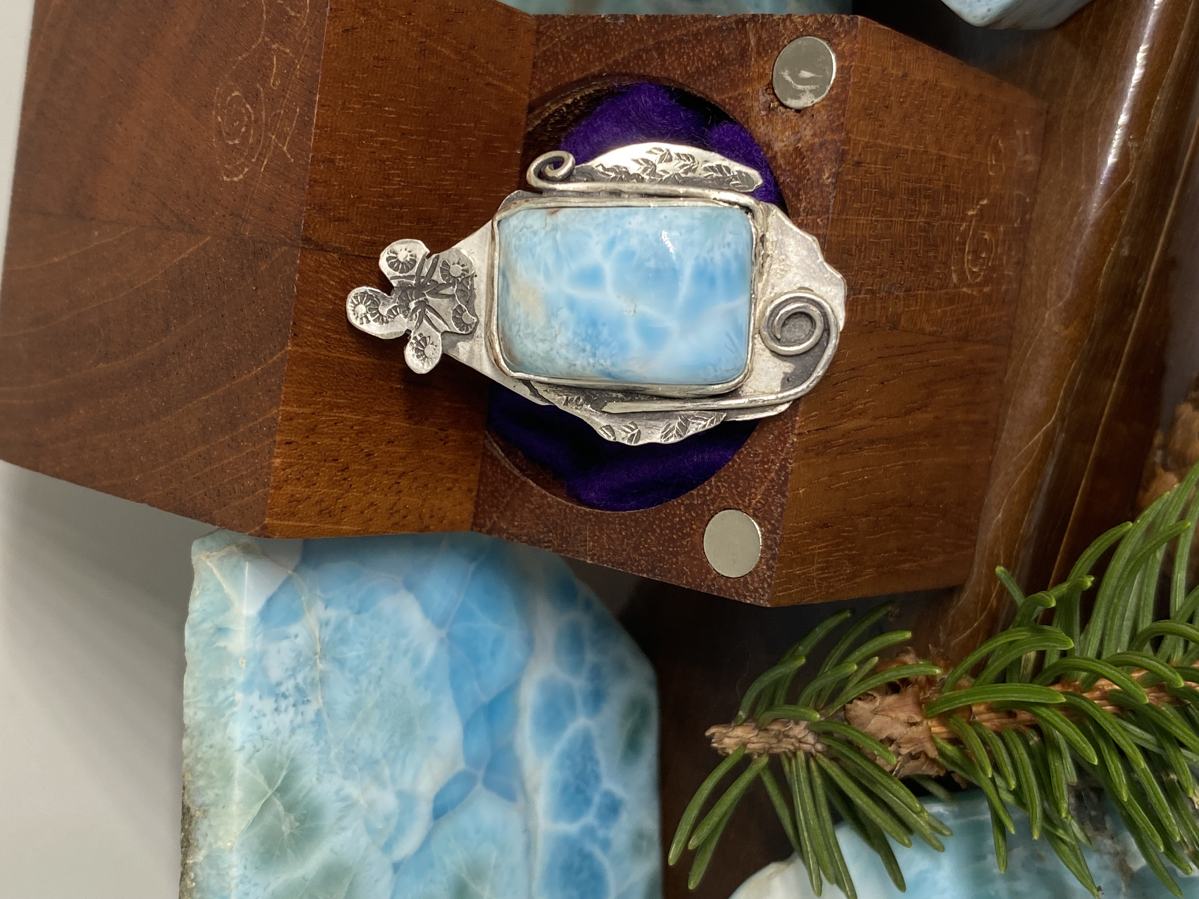 Larimar Flower Ring Size 8.75 Sterling Silver