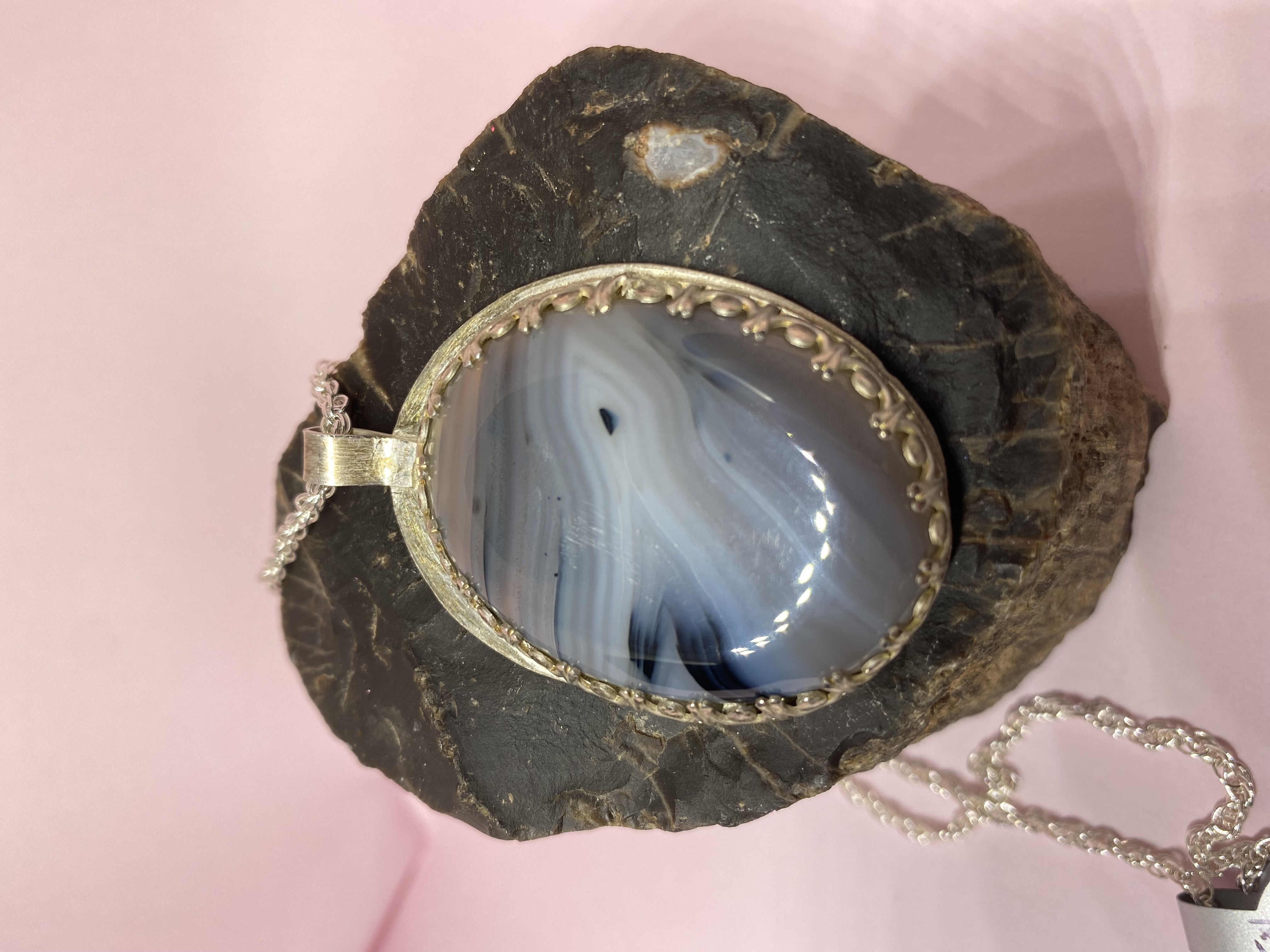 Botswana Agate Pendant set in Fancy Gallery Bezel and Solid Sterling Silver Backing Necklace with Chain