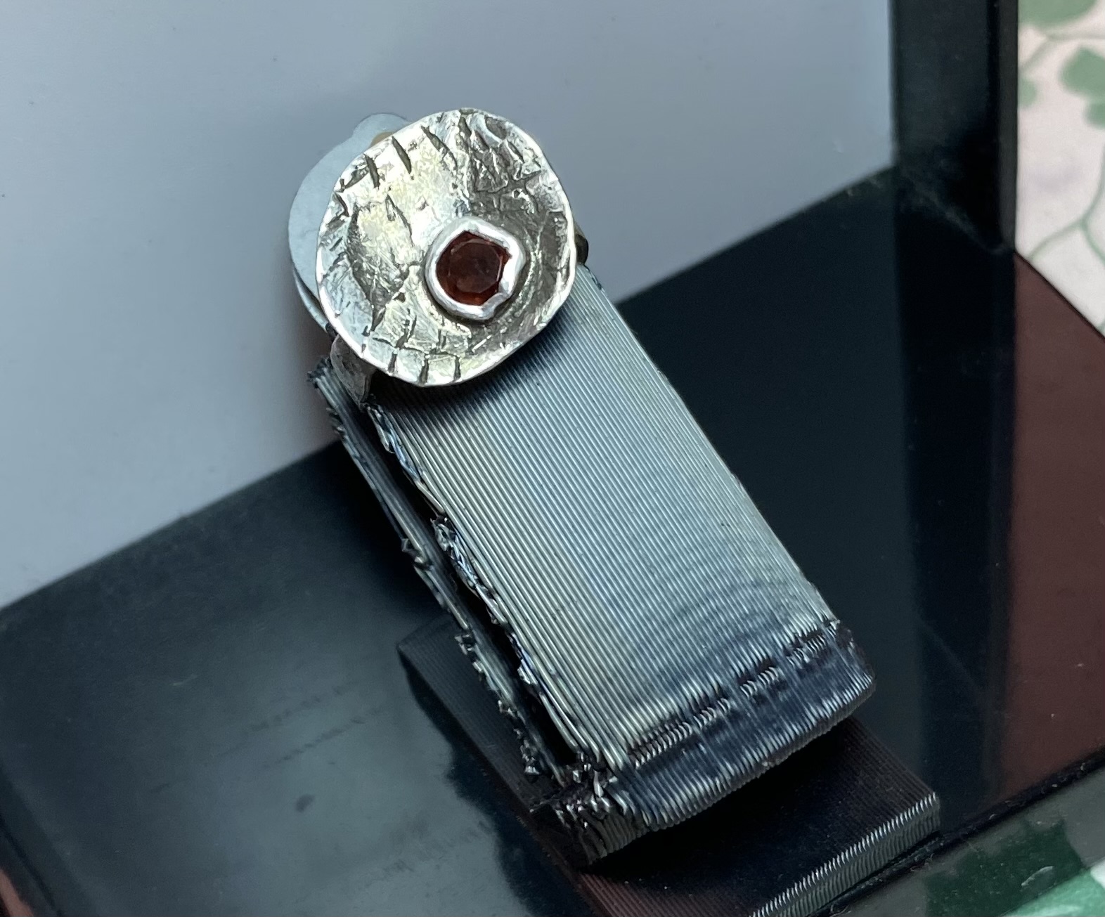 Size 4 Rhodolite Garnet Ring w Hand-Textured Ring Band and Patinated Disc All Solid Sterling Silver .925 Metals 