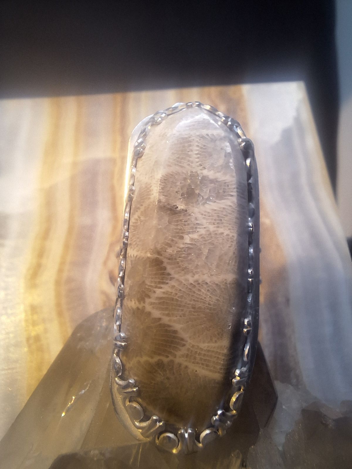 Size 7 Petoskey Ring in .925 Sterling Silver with Fancy Gallery Wire