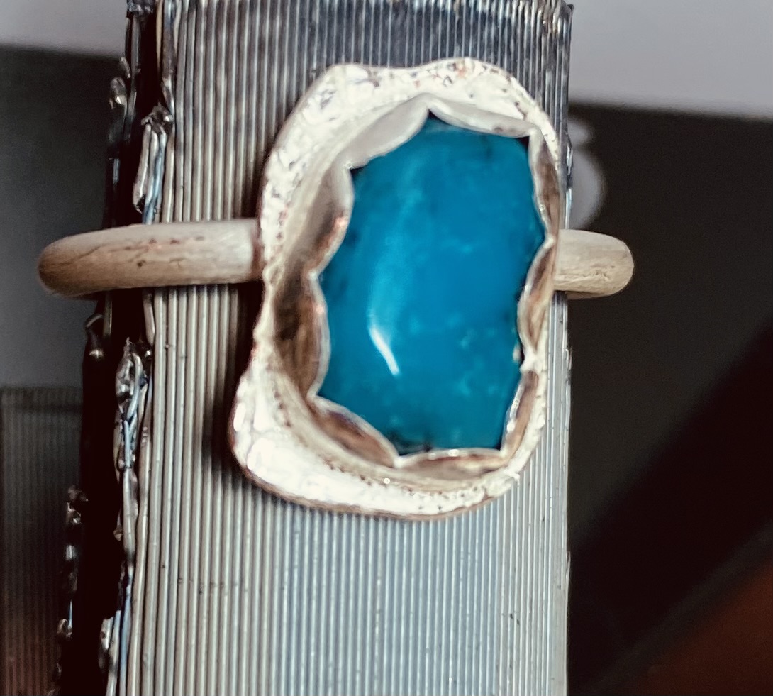Size 6.75 Freeform Kingman Turquoise Rectangle Deep Blue Turquoise Ring with Round Wire Ring Band