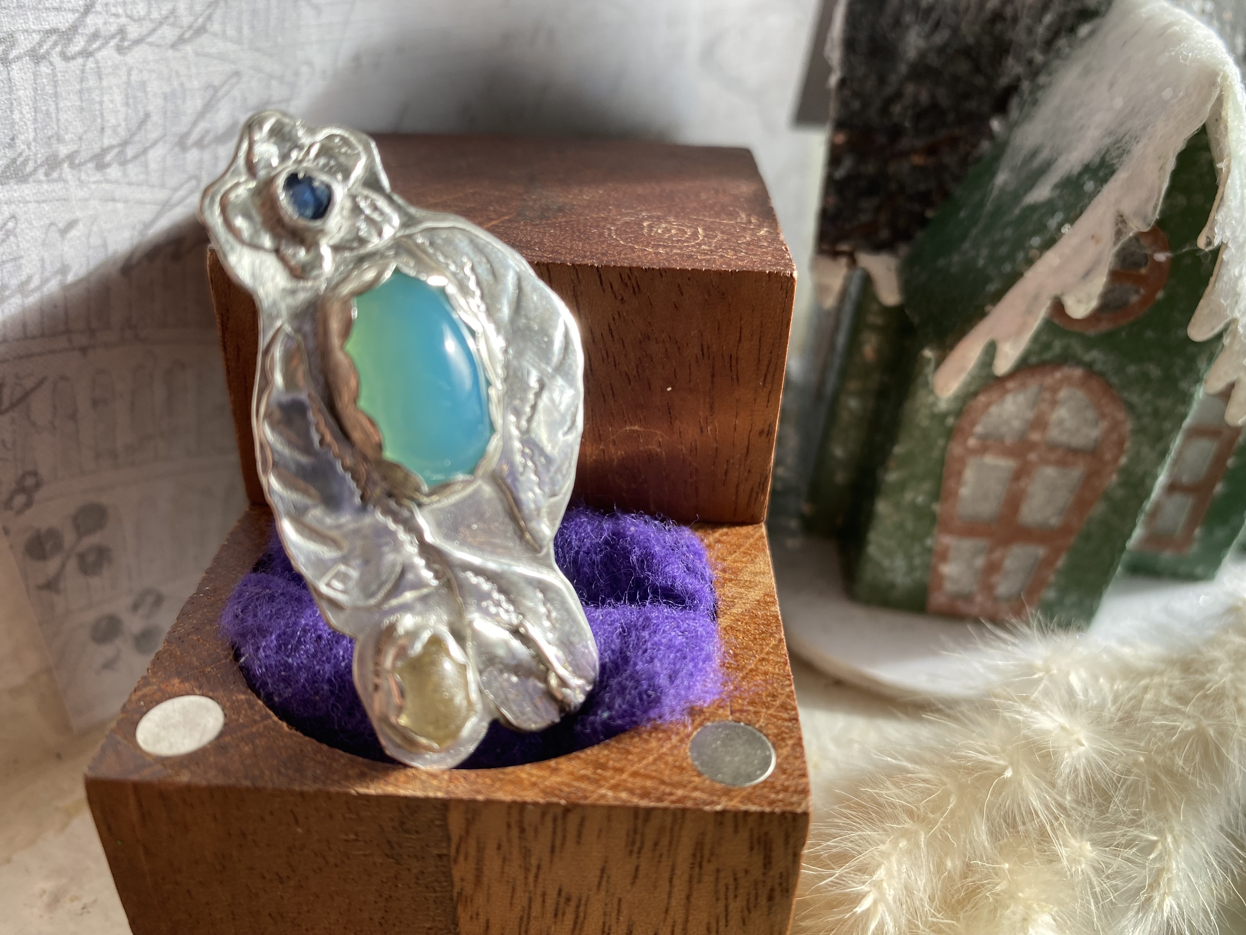 Blue Kyanite Aqua Chalcedony and Citrine Authentic Gems set in .925 Sterling Silver Size 6.75 Ring