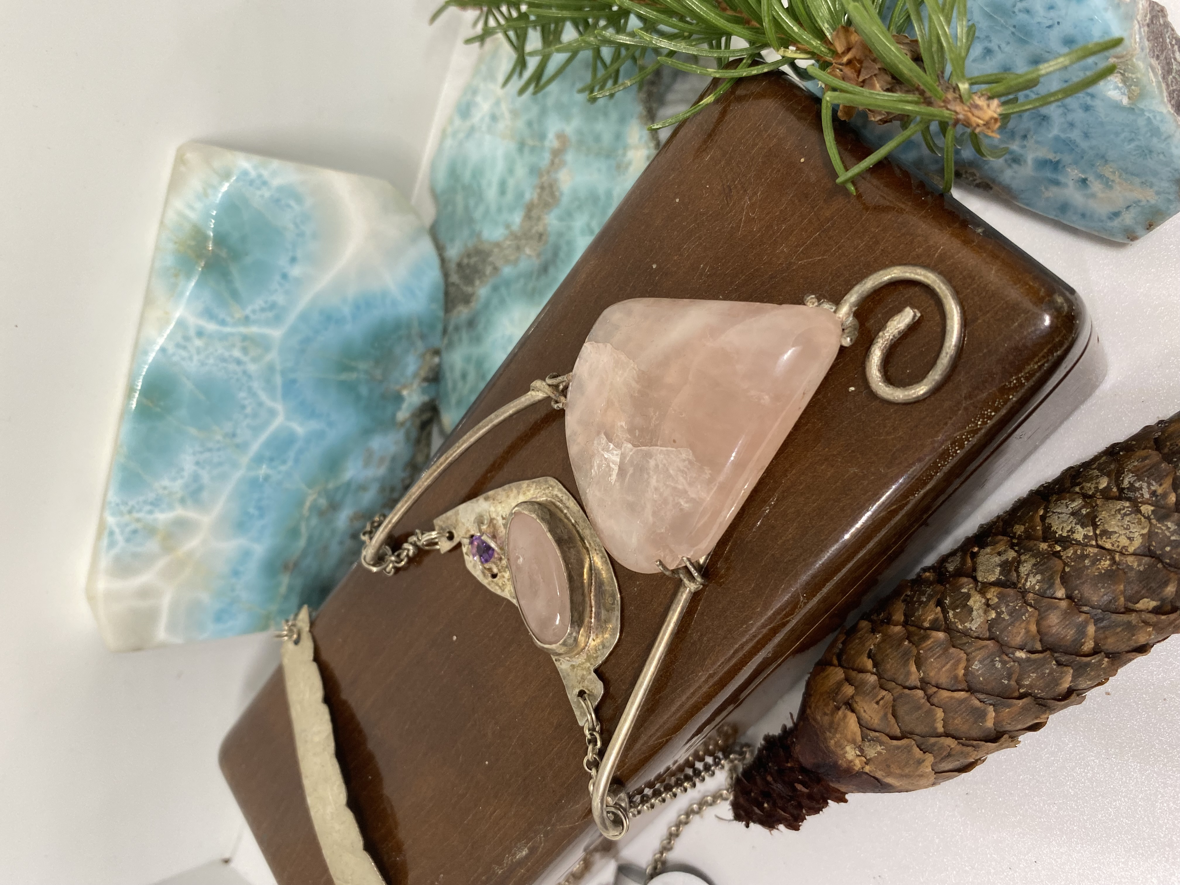 Bubble Flash Rose Quartz and Vintage Siberian Amethyst set in Sterling Silver