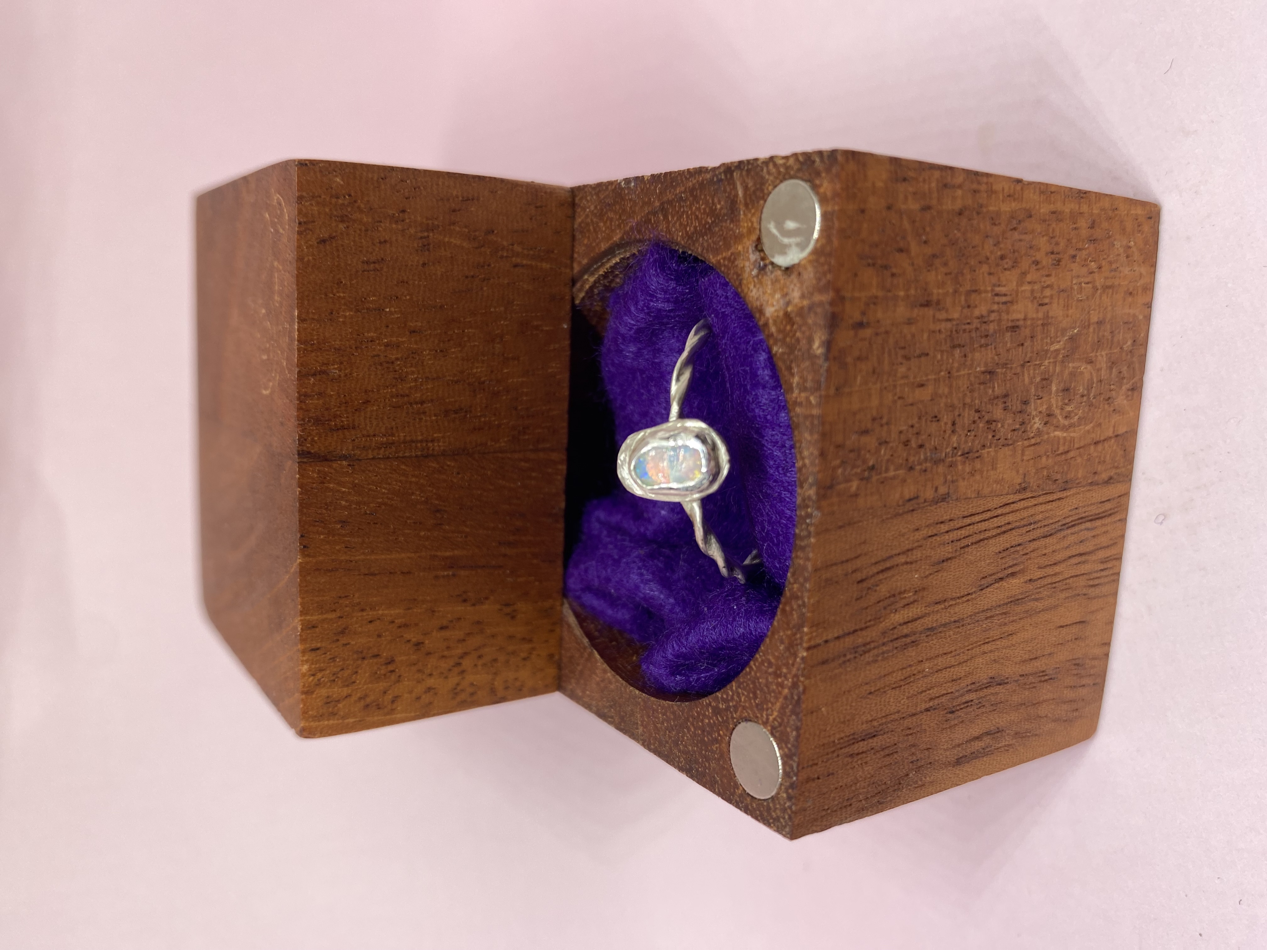 Australian Opal with Pink Fire 7x5mm Set in Sterling Silver with double Wire Twist Ring Band Size 9.5