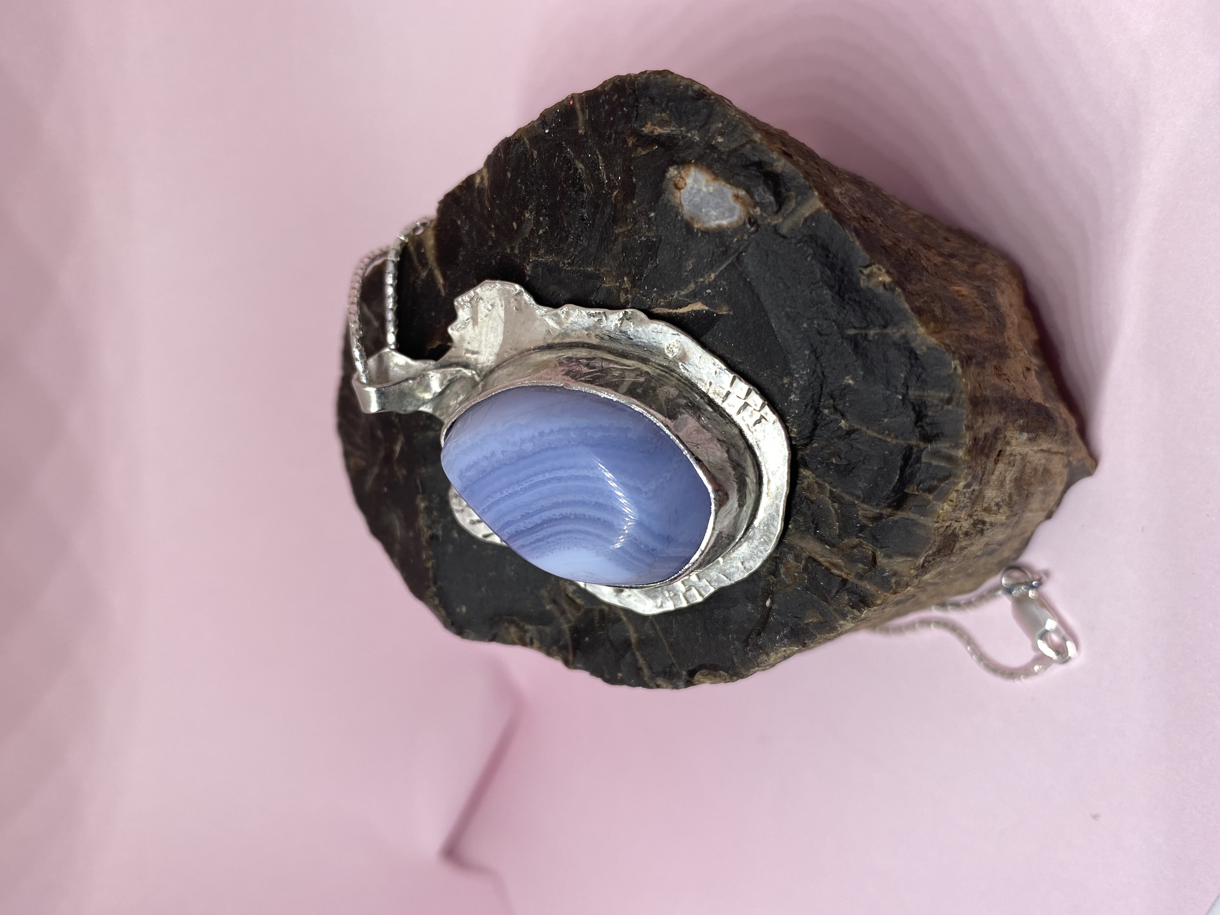 Large Blue Agate Necklace Hand Stamped Pendant on Snake Chain in .925 Sterling Silver