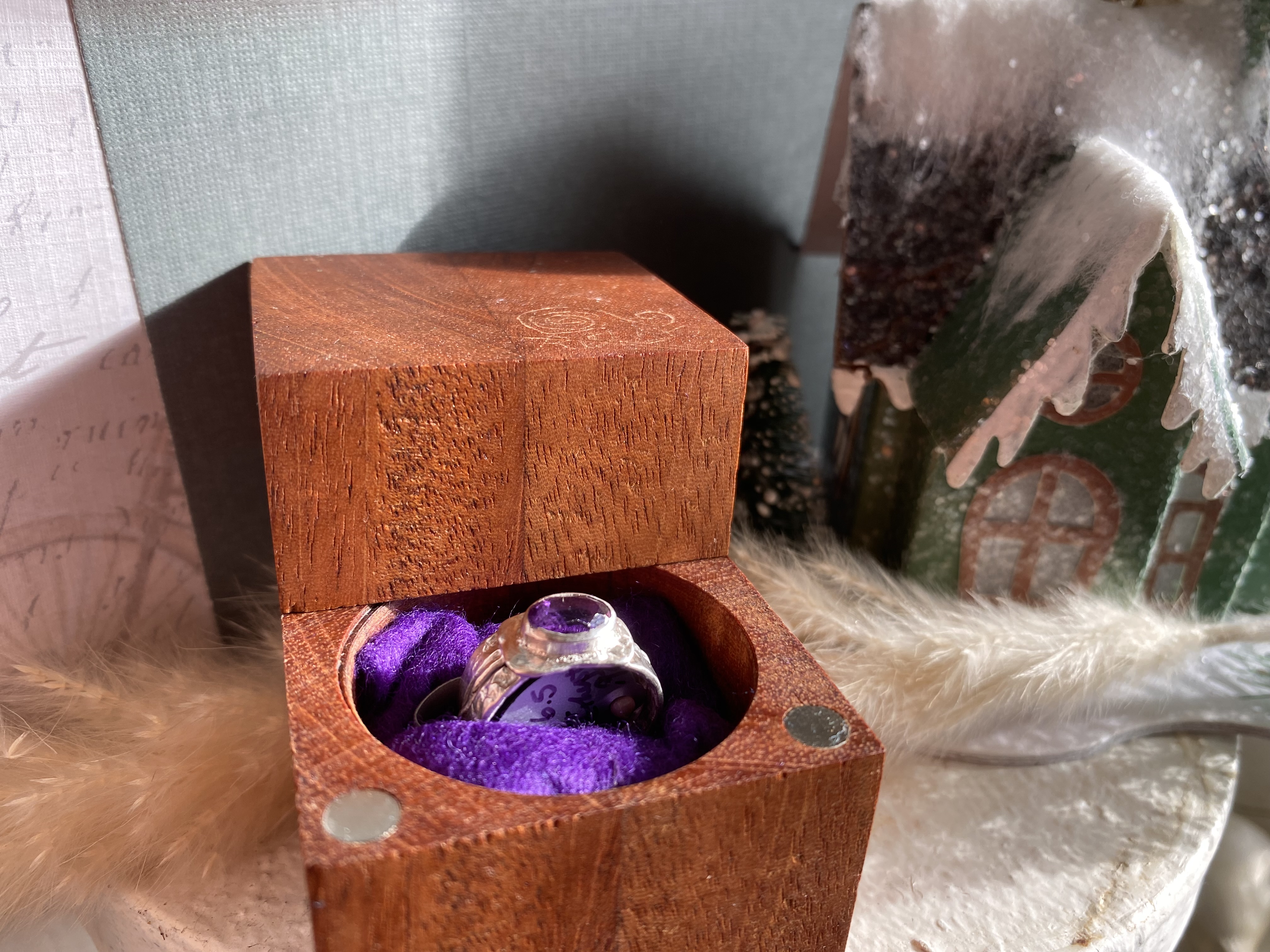 Rich Color Play Purple 9x6mm Amethyst Set in Sterling Silver Size 6.5 Ring with Hand Stamped Sheet and Twist Ring Band 