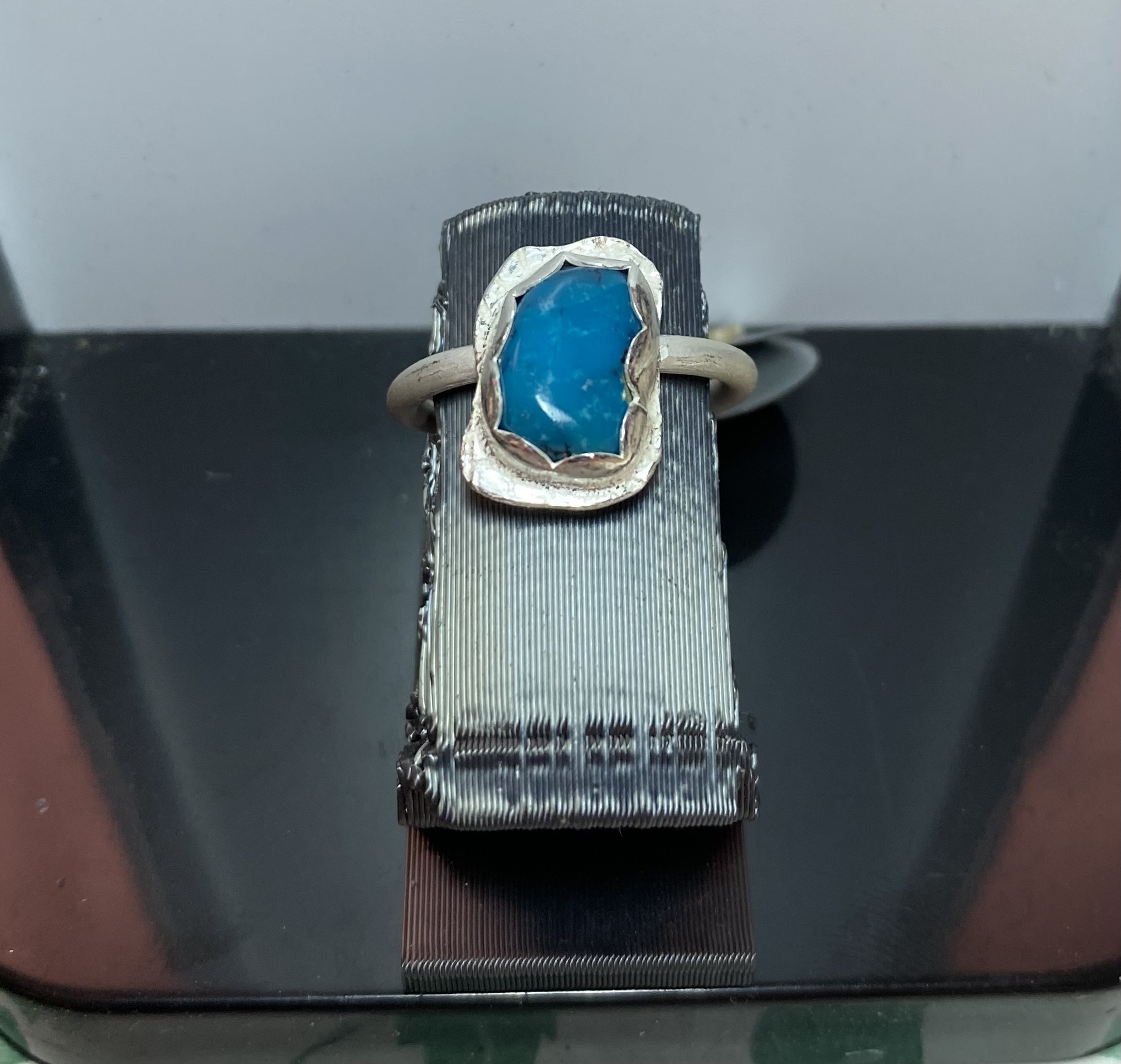 Size 6.75 Freeform Kingman Turquoise Rectangle Deep Blue Turquoise Ring with Round Wire Ring Band