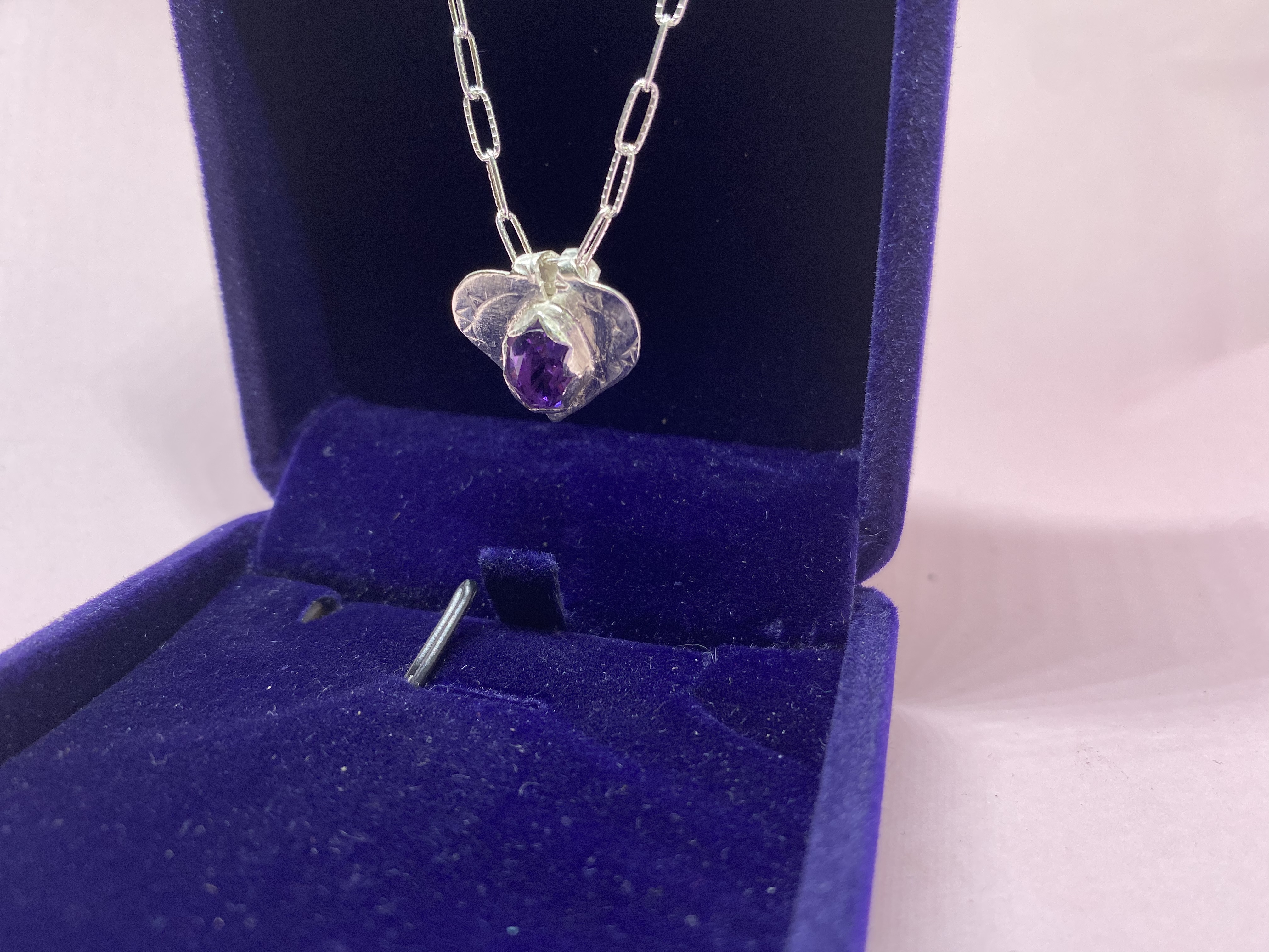 "Double Win: Amethyst 10x8mm Oval in .925 Sterling Silver Hand-Stamped Heart w/ Multi-length Button Clasp Stem Necklace