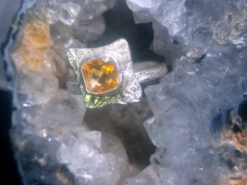 Size 6.75 Genuine Yellow Cushion Cut 10mm Citrine in Hammered .925 Sterling Silver Ring