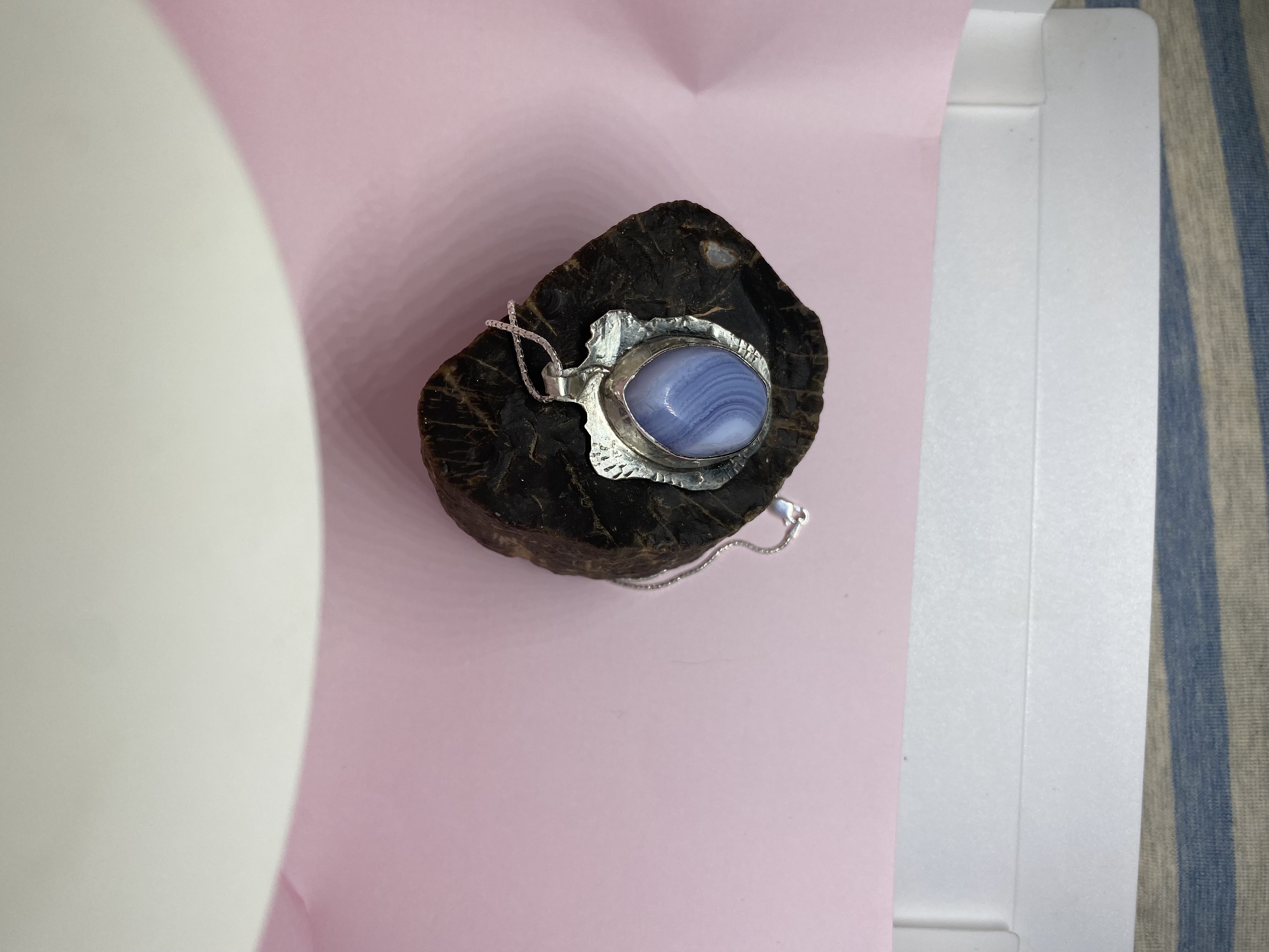 Large Blue Agate Necklace Hand Stamped Pendant on Snake Chain in .925 Sterling Silver