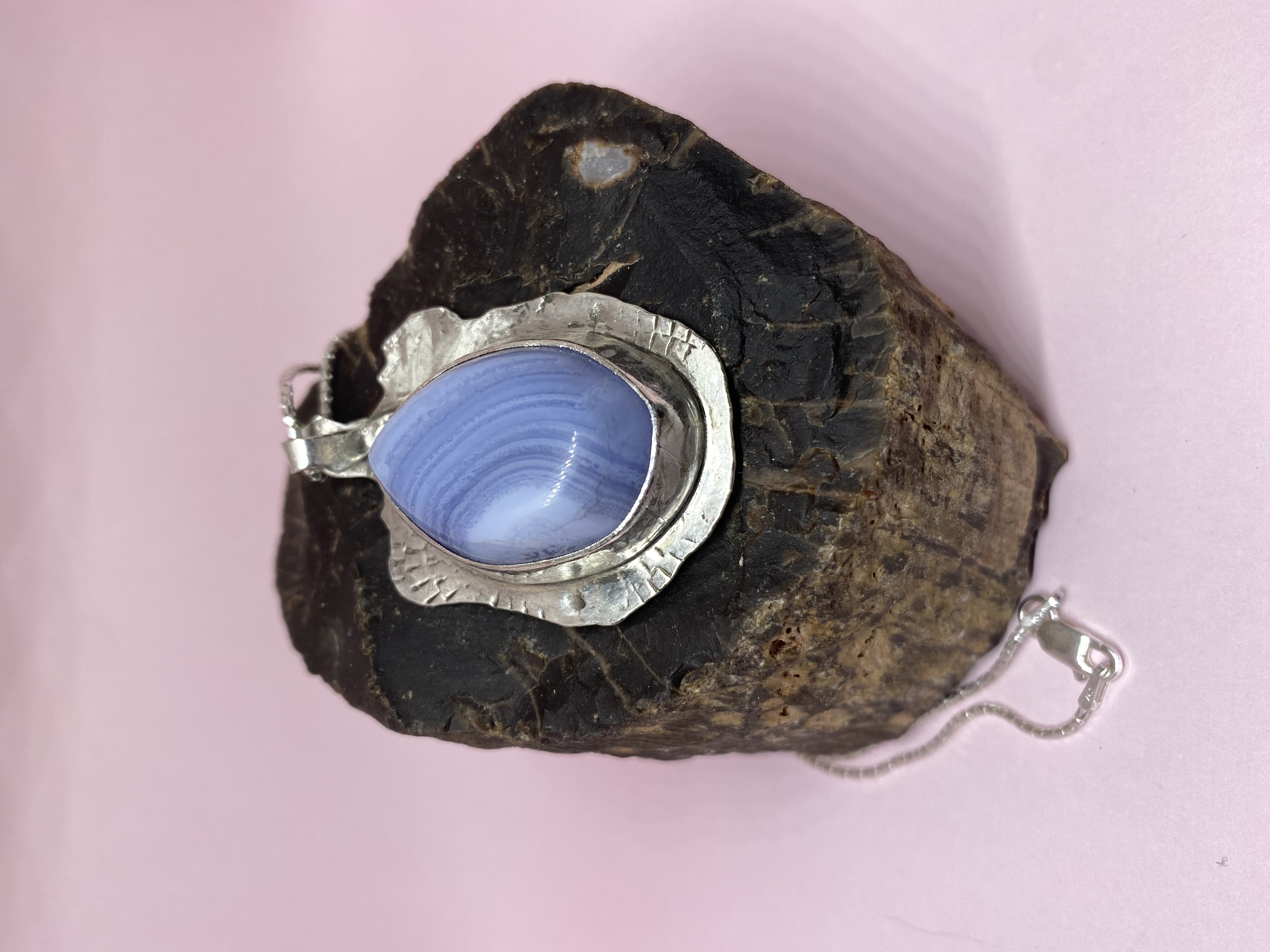 Large Blue Agate Necklace Hand Stamped Pendant on Snake Chain in .925 Sterling Silver