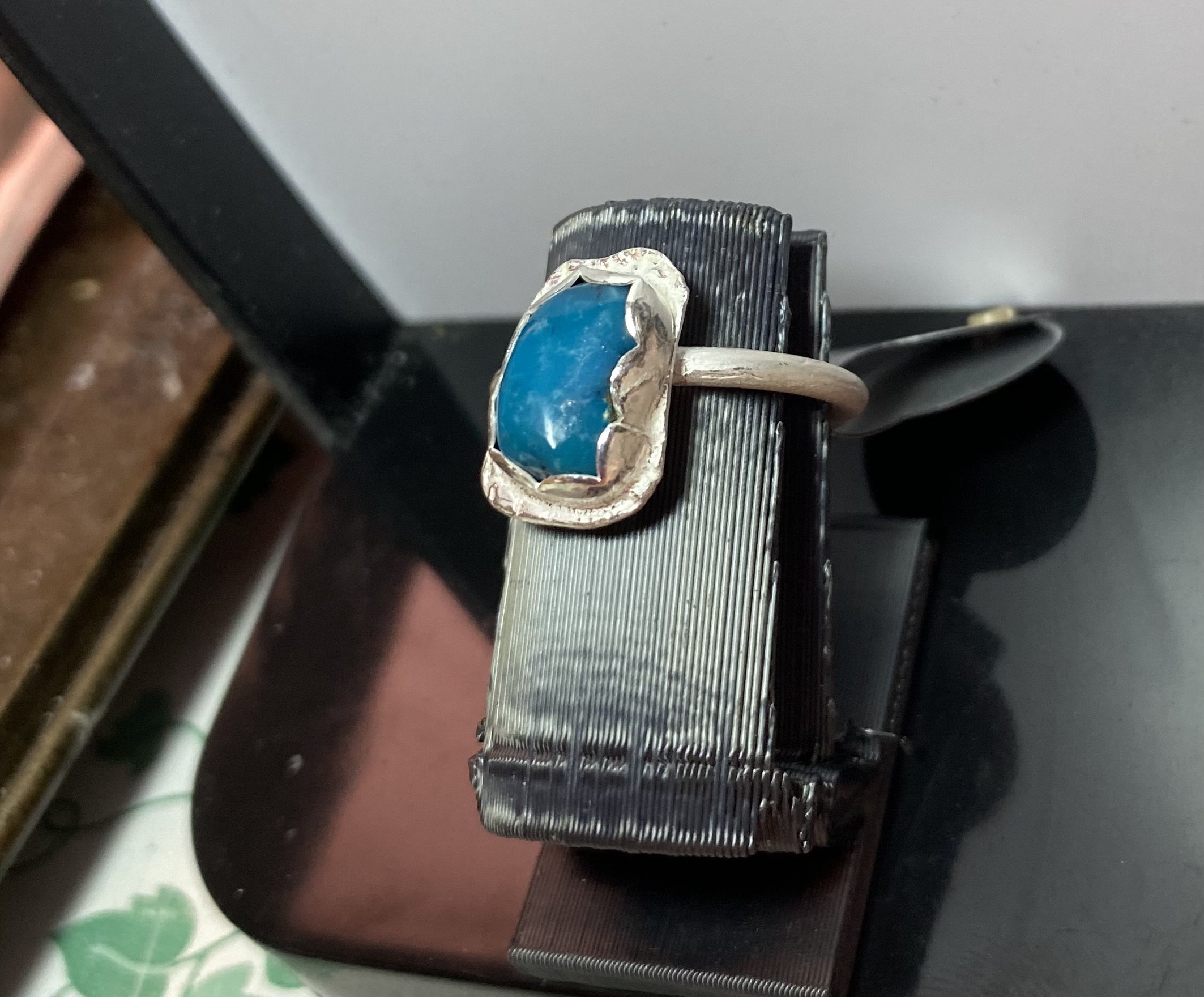 Size 6.75 Freeform Kingman Turquoise Rectangle Deep Blue Turquoise Ring with Round Wire Ring Band