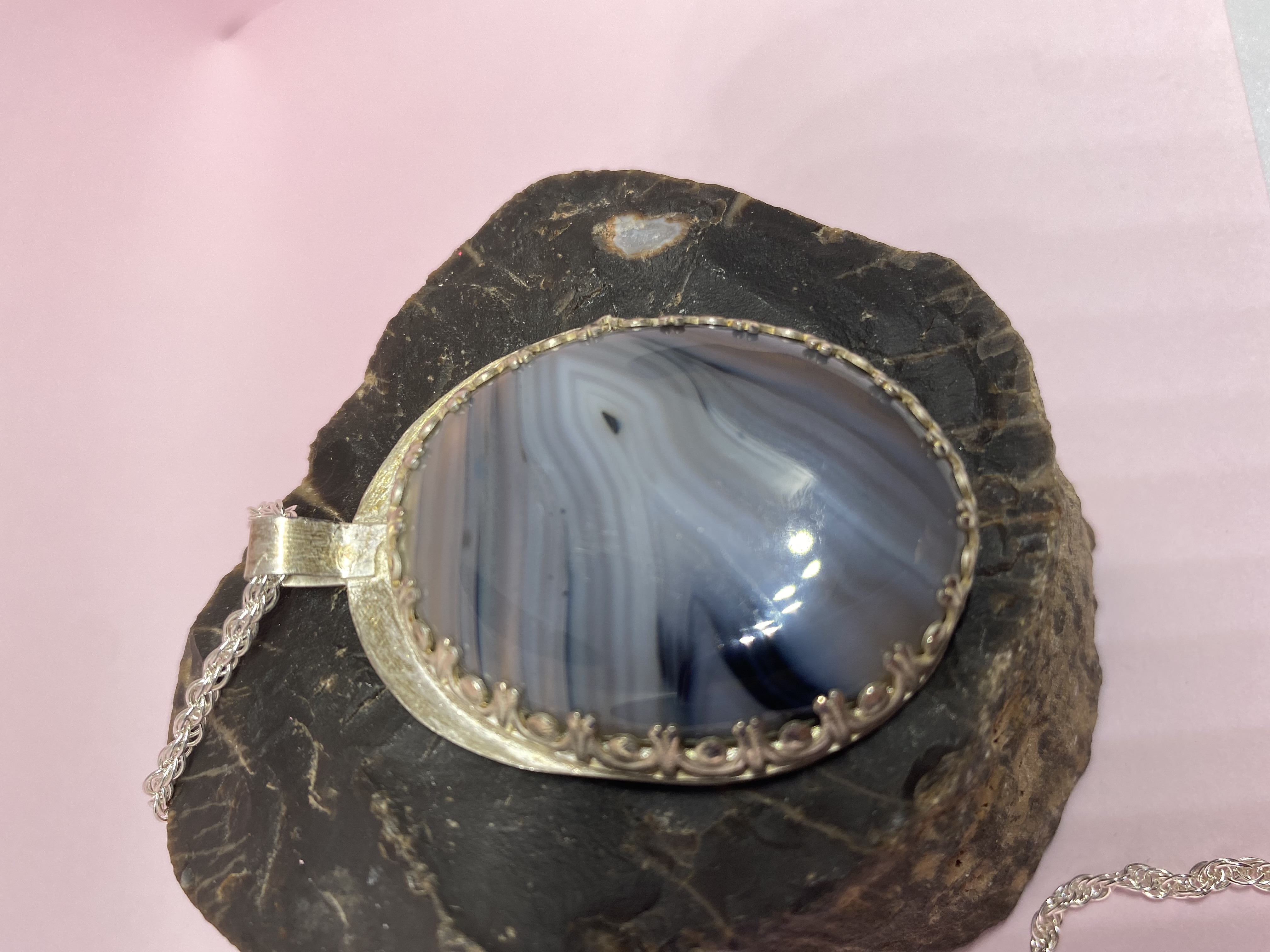 Botswana Agate Pendant set in Fancy Gallery Bezel and Solid Sterling Silver Backing Necklace with Chain