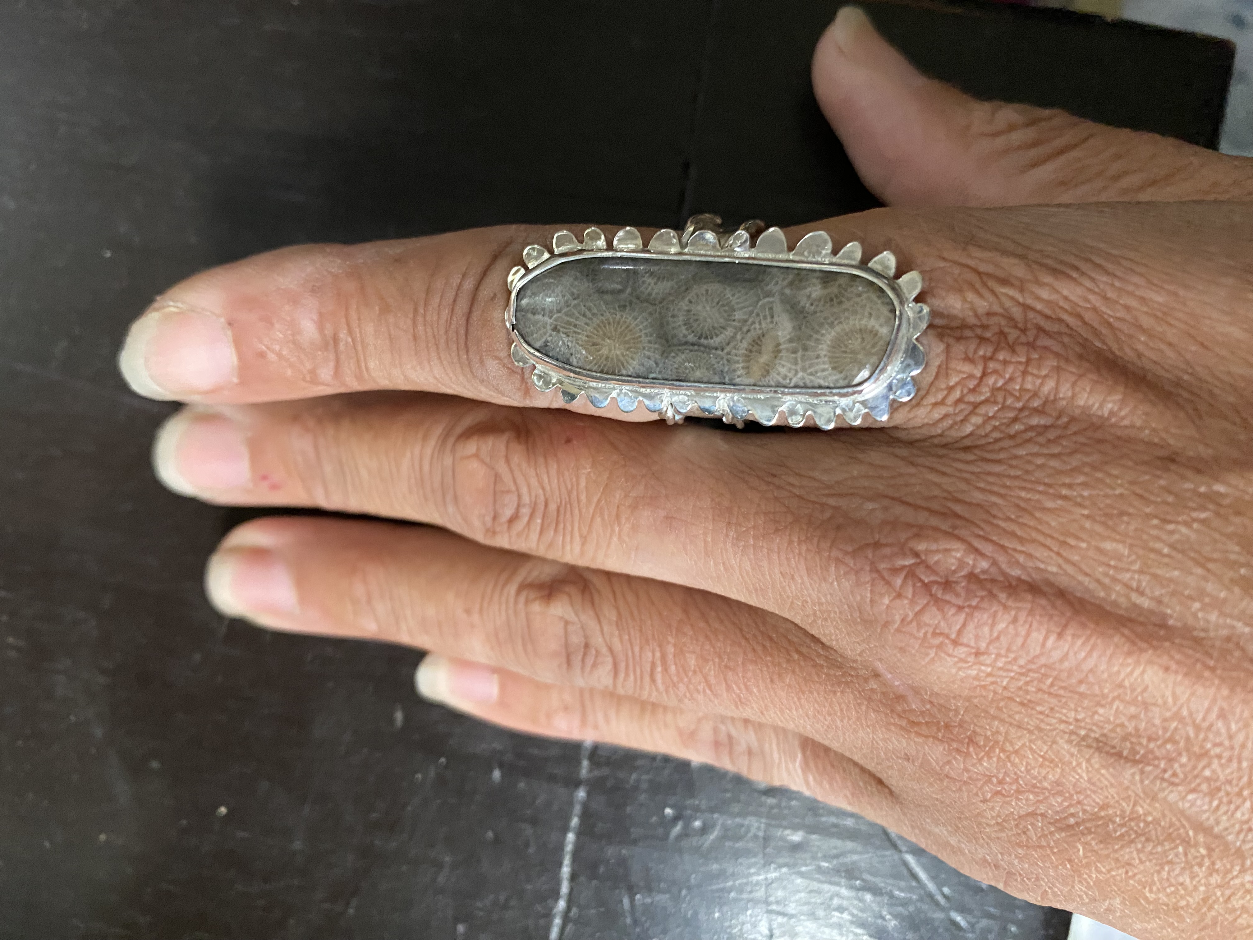 Size 7.75 Pyrite Replaced Petoskey with Hand-Scalloped Edging (Dark Pattern Petoskey) and Wire-Twist re-enforced ring shank All Metals .925 Sterling Silver