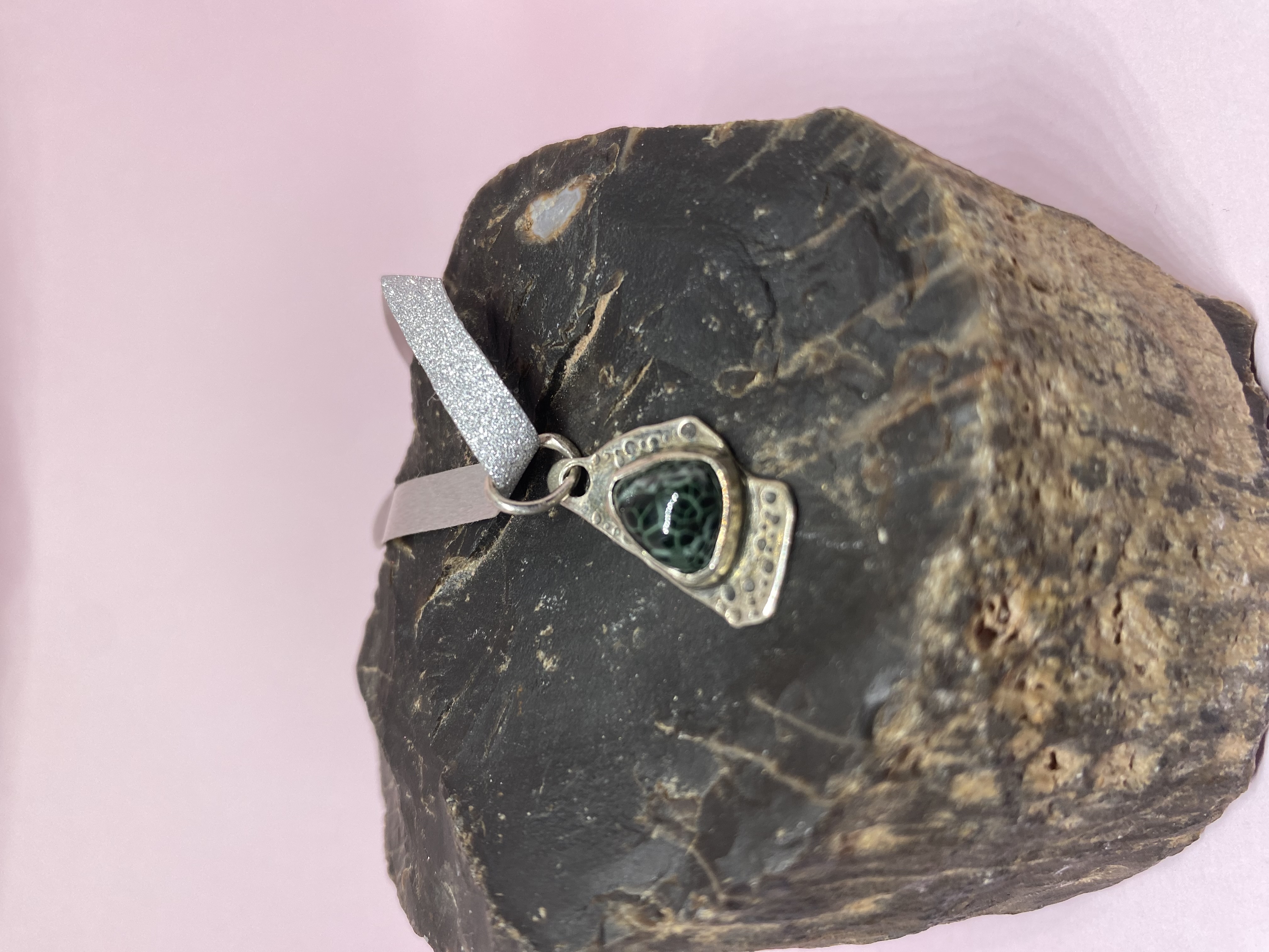 Chlorastrolite Pendant with Michigan Greenstone Gem cut by Chris Cooper Set in Hand Stamped Sterling Silver