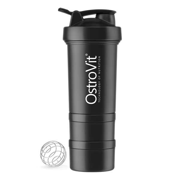 OstroVit Shaker Premium 450 ml su 2 tablečių dėžutėmis ir maišymo kamuoliuku