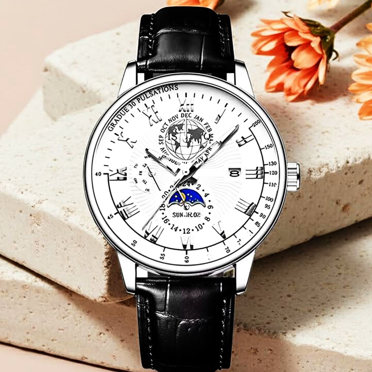 8 Elite Silver & Black  Fashion Watch With Black Leather Band