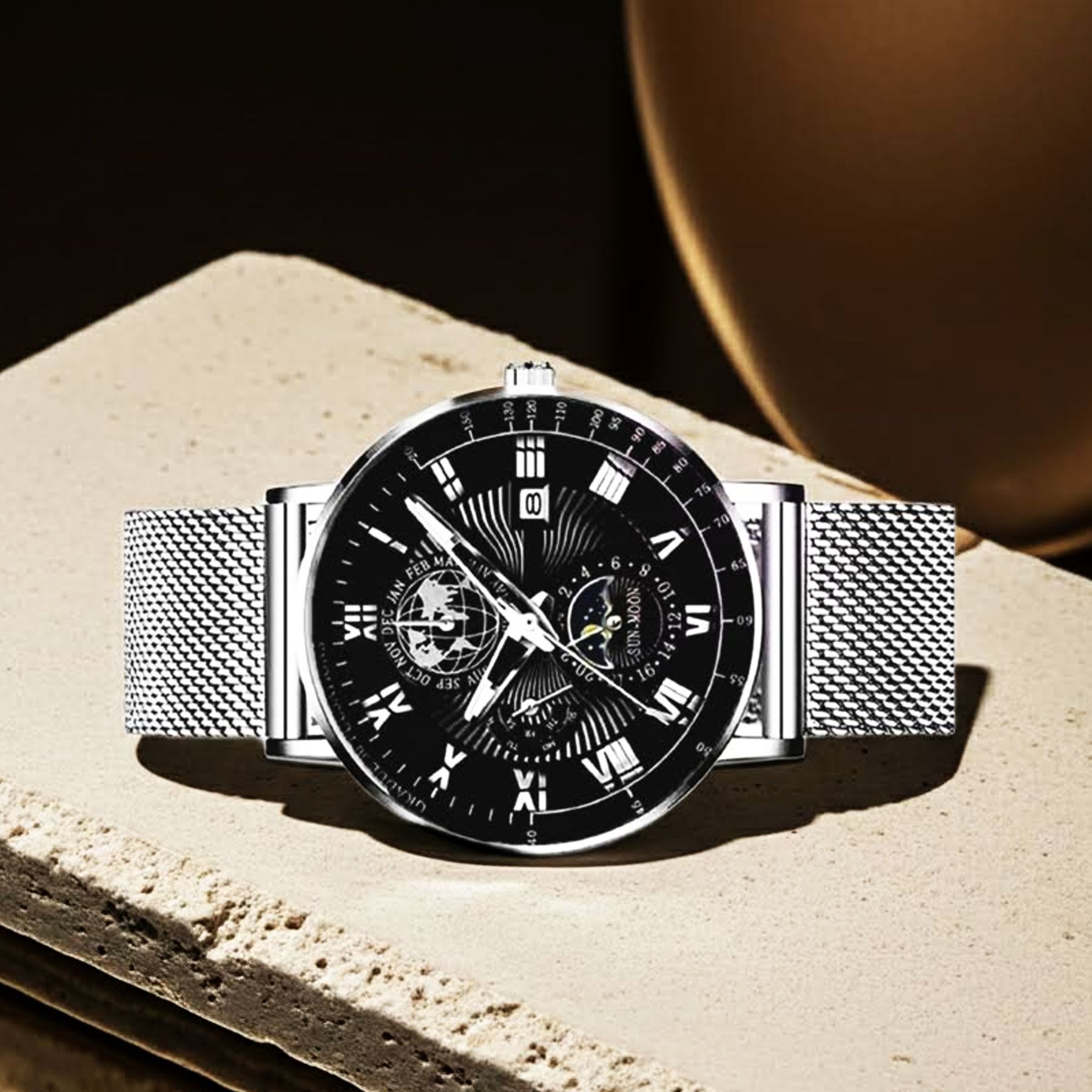 1 Eldorado Black On Silver Fashion Watch With Silver Stainless Band