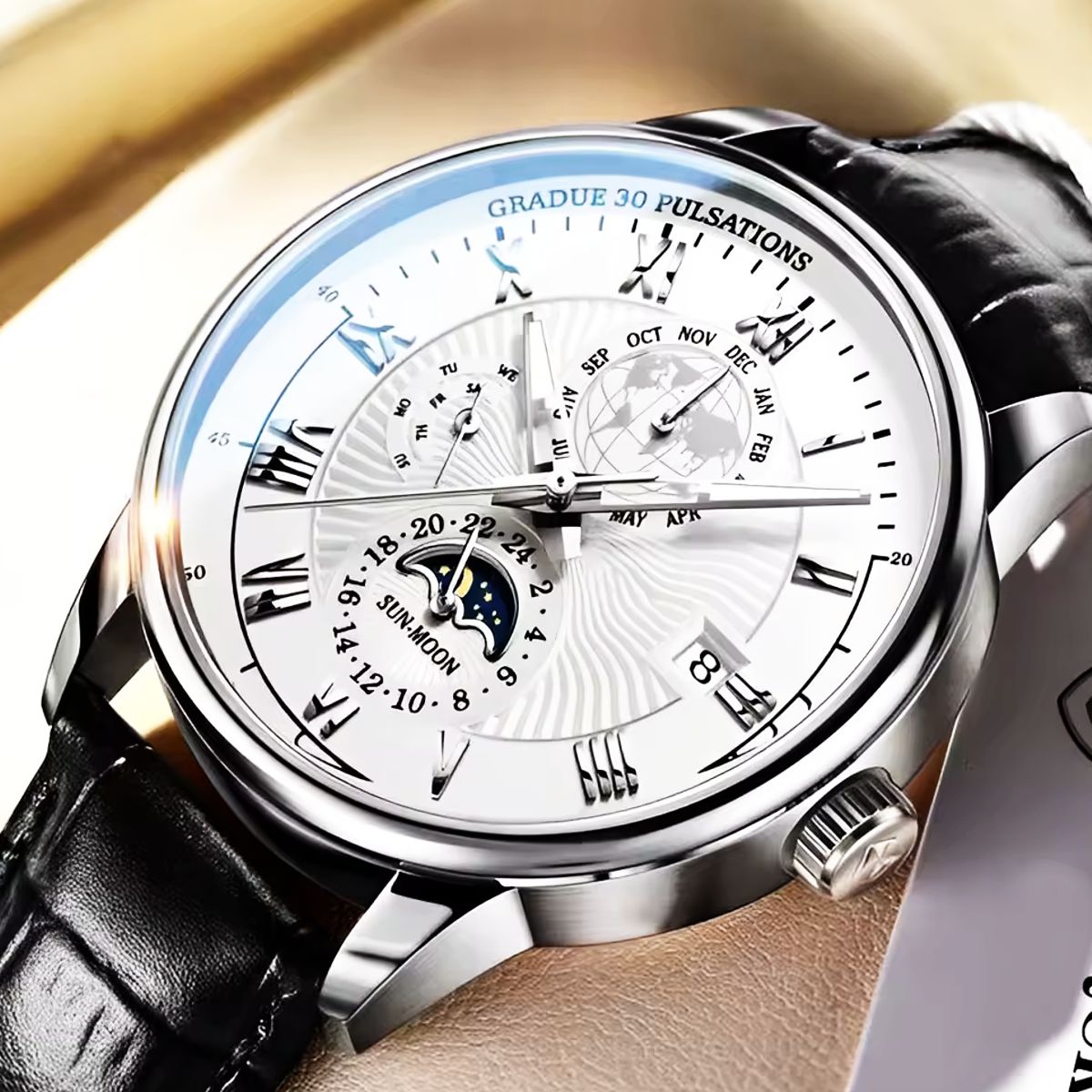 8 Elite Silver & Black  Fashion Watch With Black Leather Band