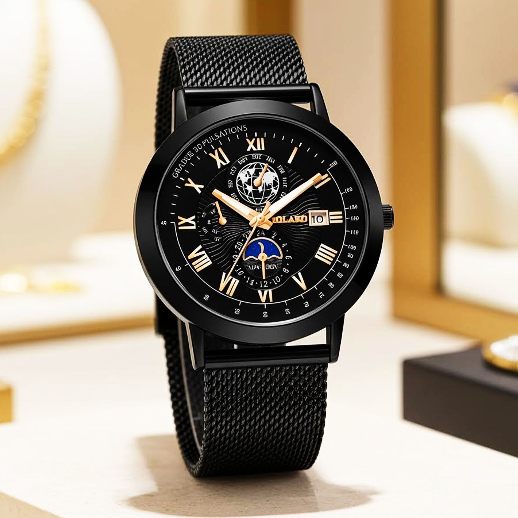 3 Sovereign Black On Black Fashion Watch With Black Stainless Band