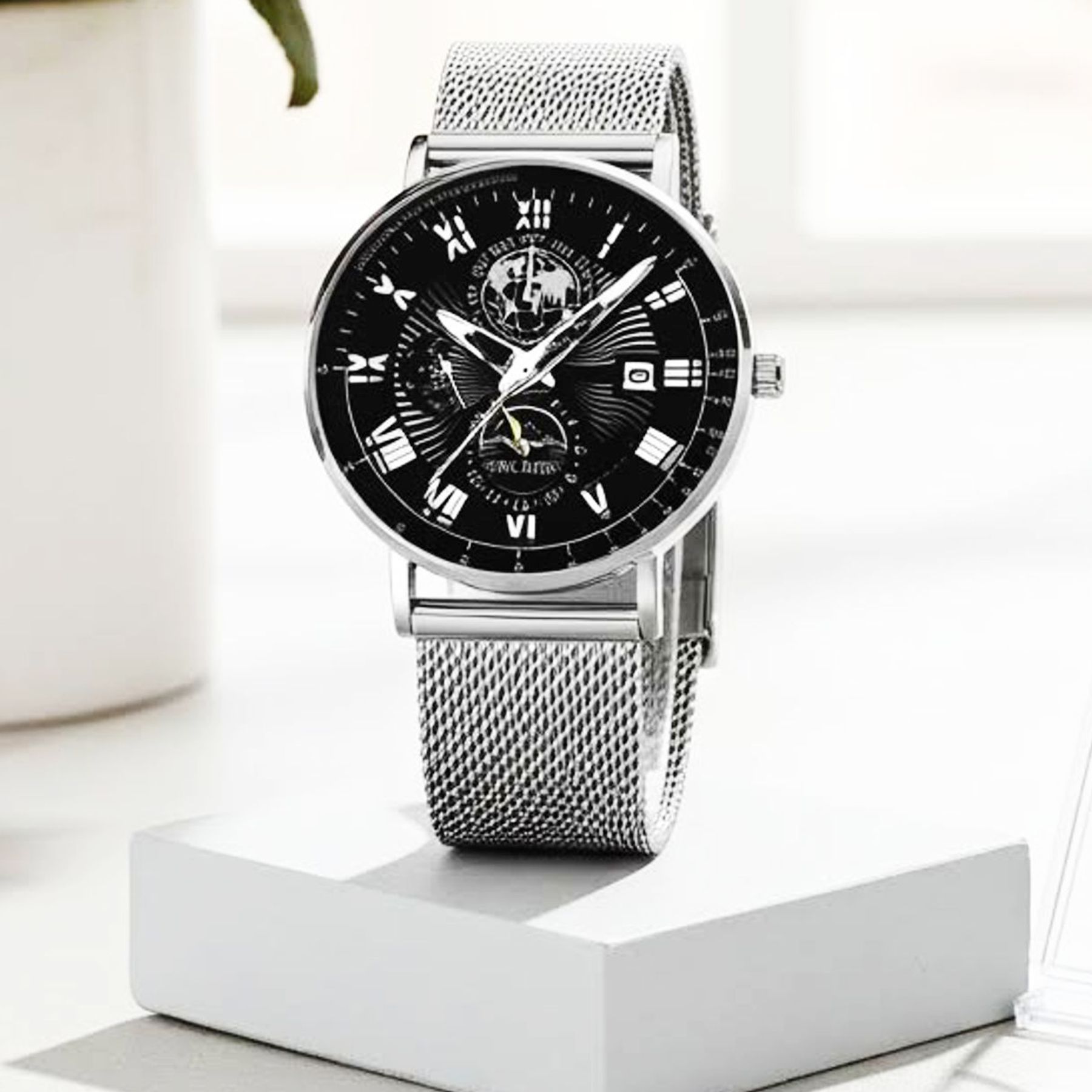 1 Eldorado Black On Silver Fashion Watch With Silver Stainless Band