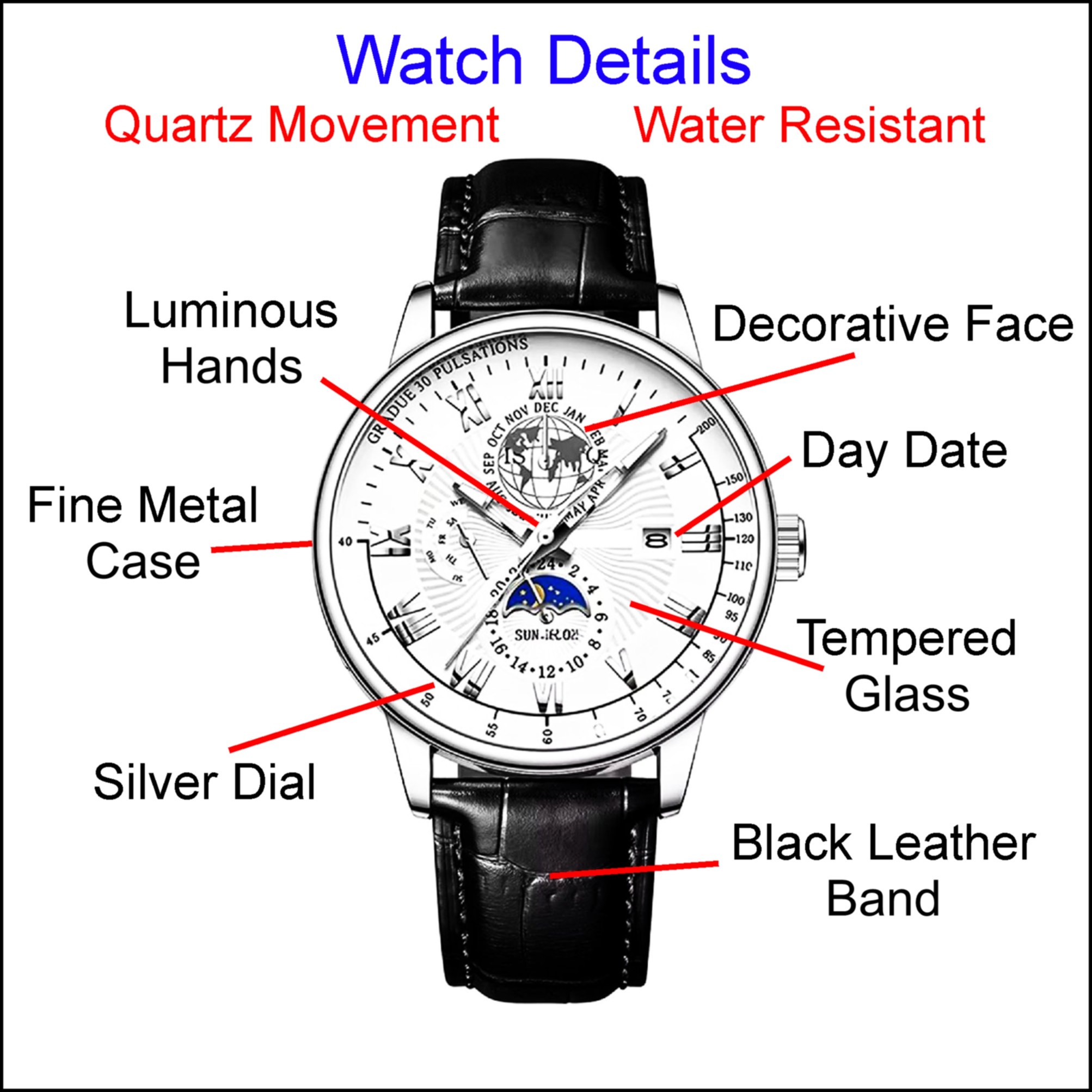 8 Elite Silver & Black  Fashion Watch With Black Leather Band