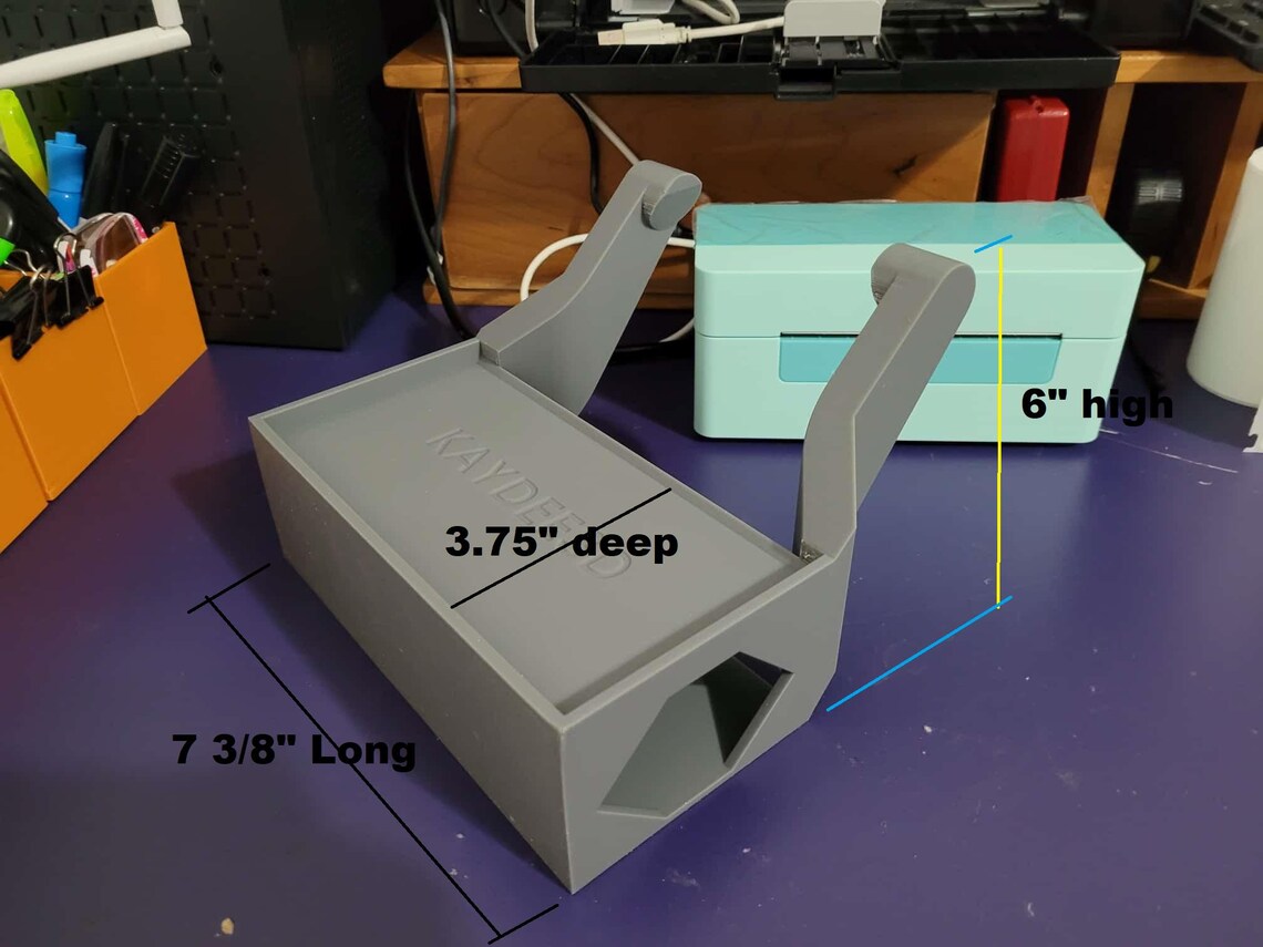 Label Printer Stand with Power Bar Storage, Thermal Paper Roll Holder | Shipping Desk Organizer, 3D Printed original design for packing desk