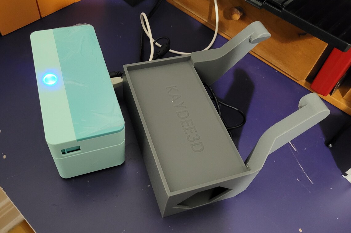 Label Printer Stand with Power Bar Storage, Thermal Paper Roll Holder | Shipping Desk Organizer, 3D Printed original design for packing desk