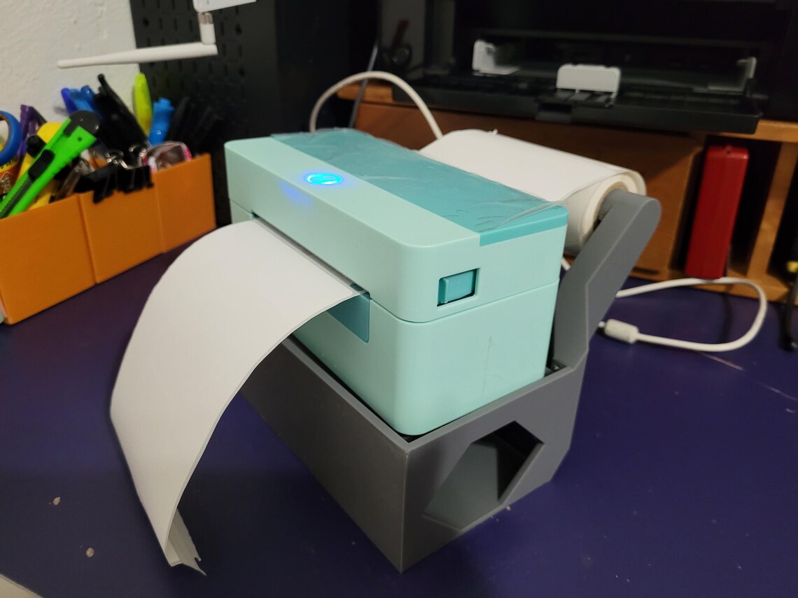 Label Printer Stand with Power Bar Storage, Thermal Paper Roll Holder | Shipping Desk Organizer, 3D Printed original design for packing desk