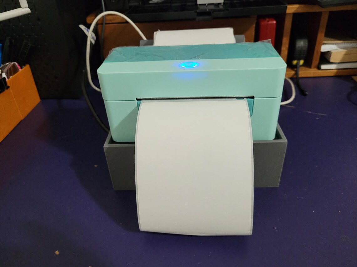 Label Printer Stand with Power Bar Storage, Thermal Paper Roll Holder | Shipping Desk Organizer, 3D Printed original design for packing desk