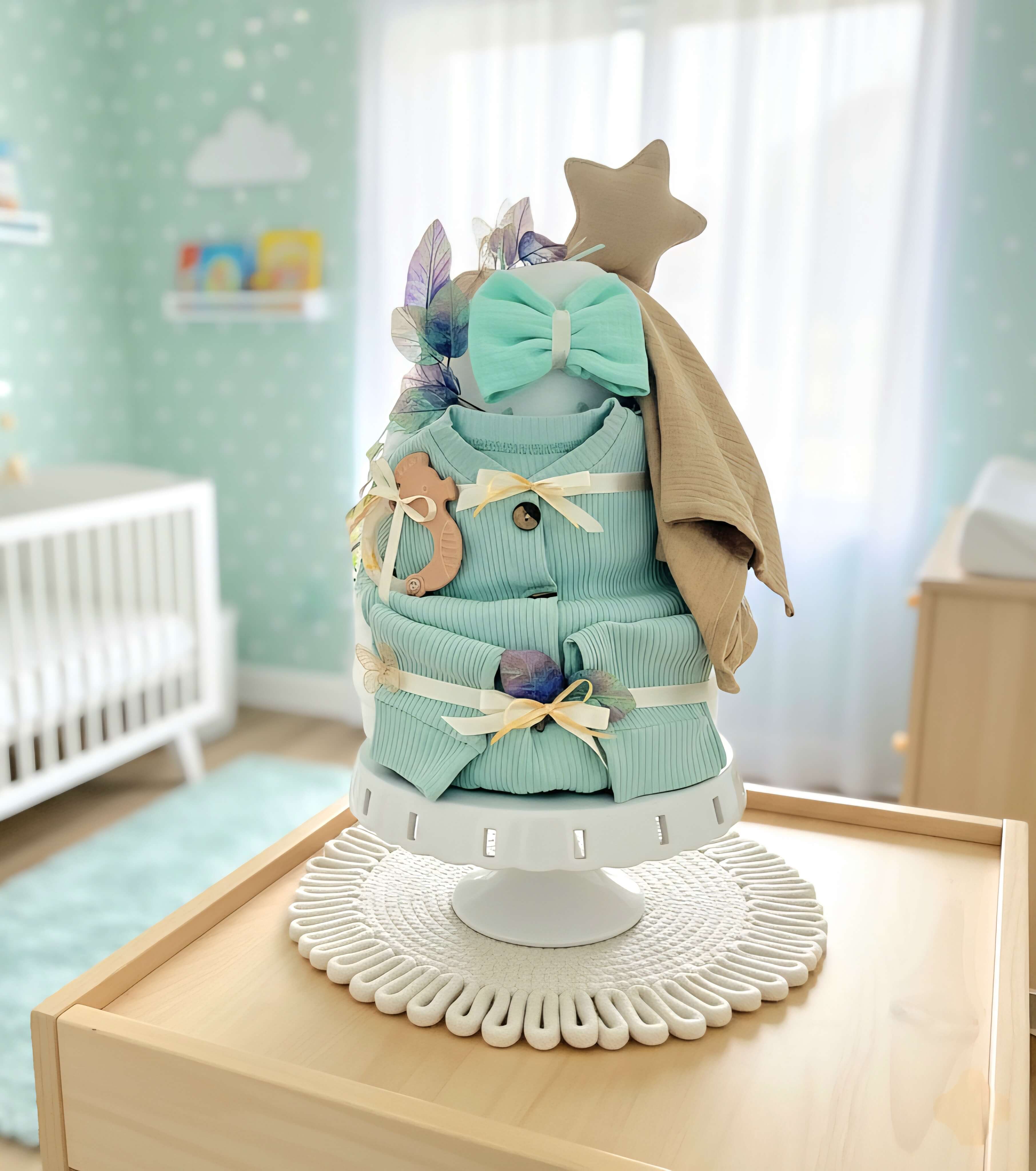 Trijų aukštų  sauskelnių tortas "Mėtinis"