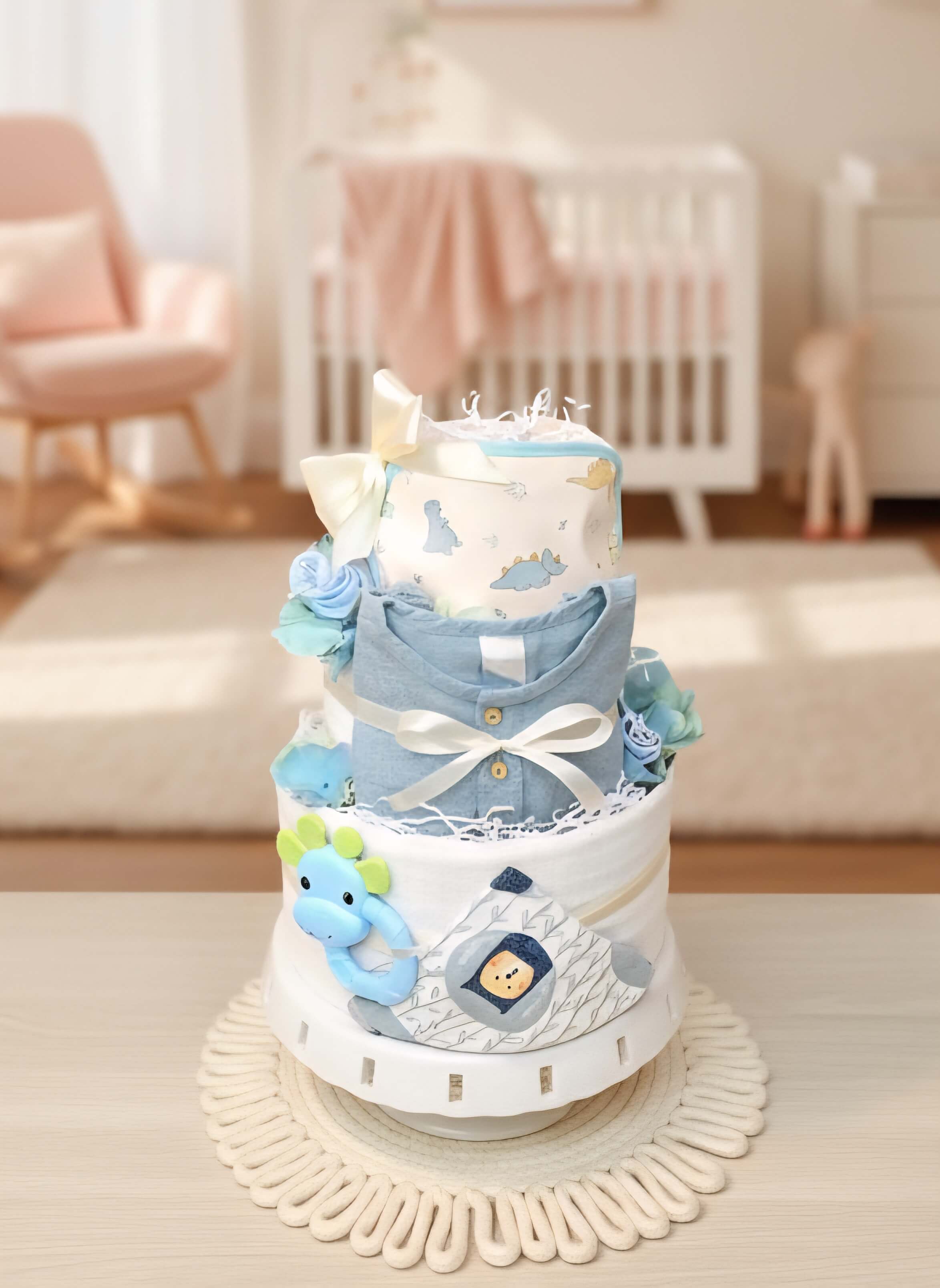 Trijų aukštų sauskelnių tortas "Drakoniukas"