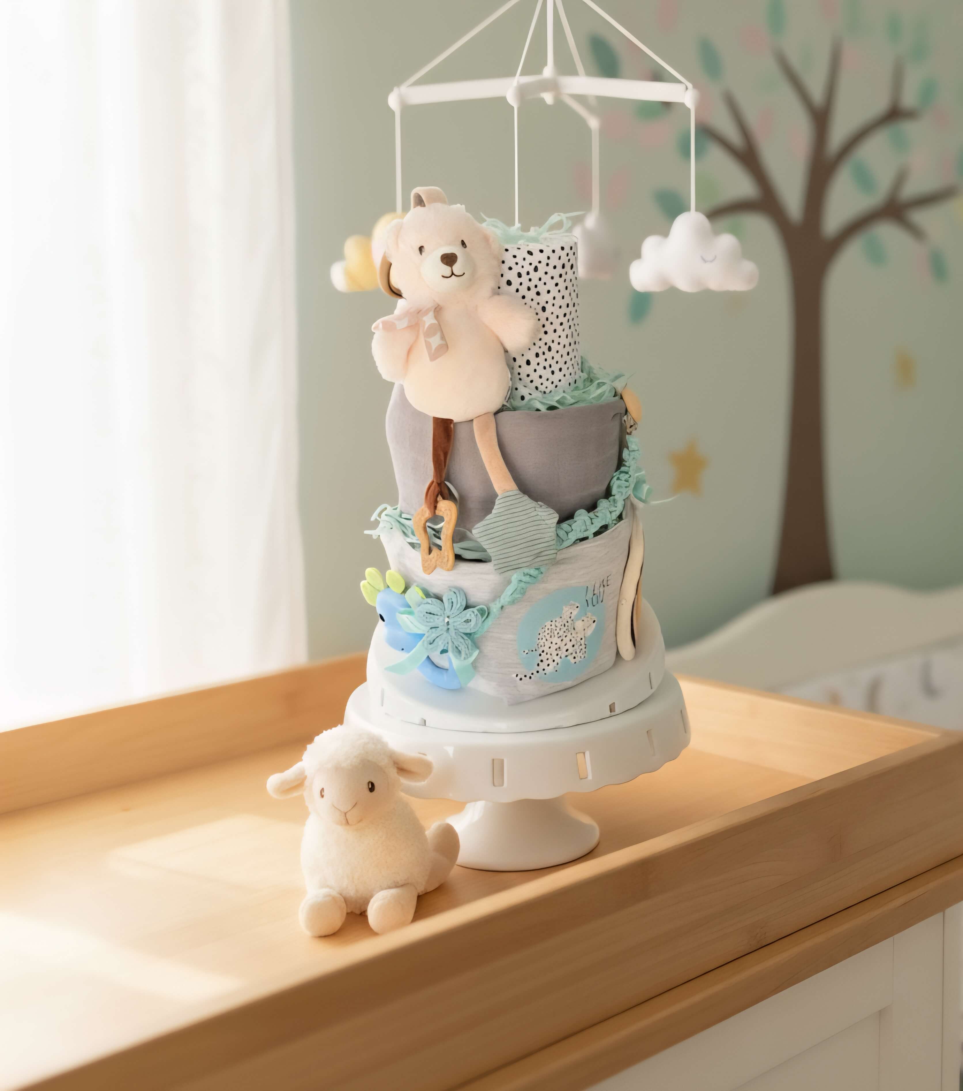 Trijų aukštų sauskelnių tortas berniukui ar mergaitei