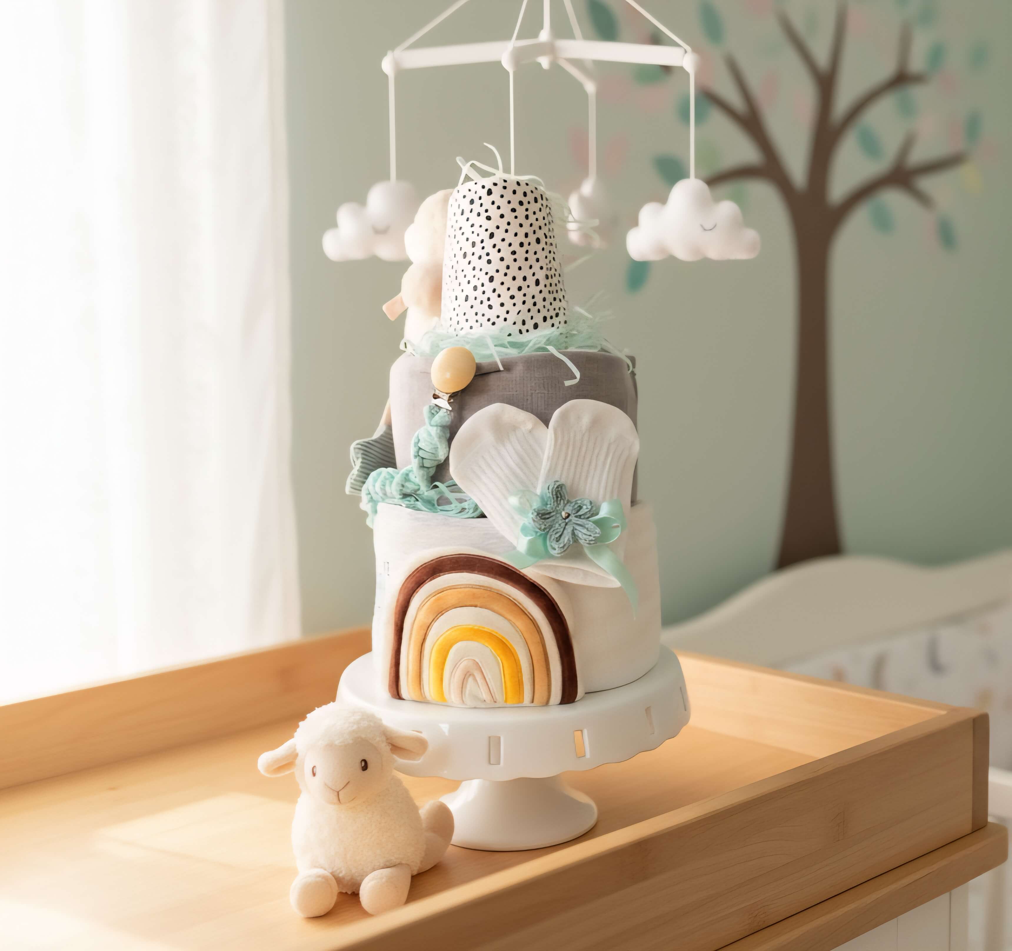 Trijų aukštų sauskelnių tortas berniukui ar mergaitei