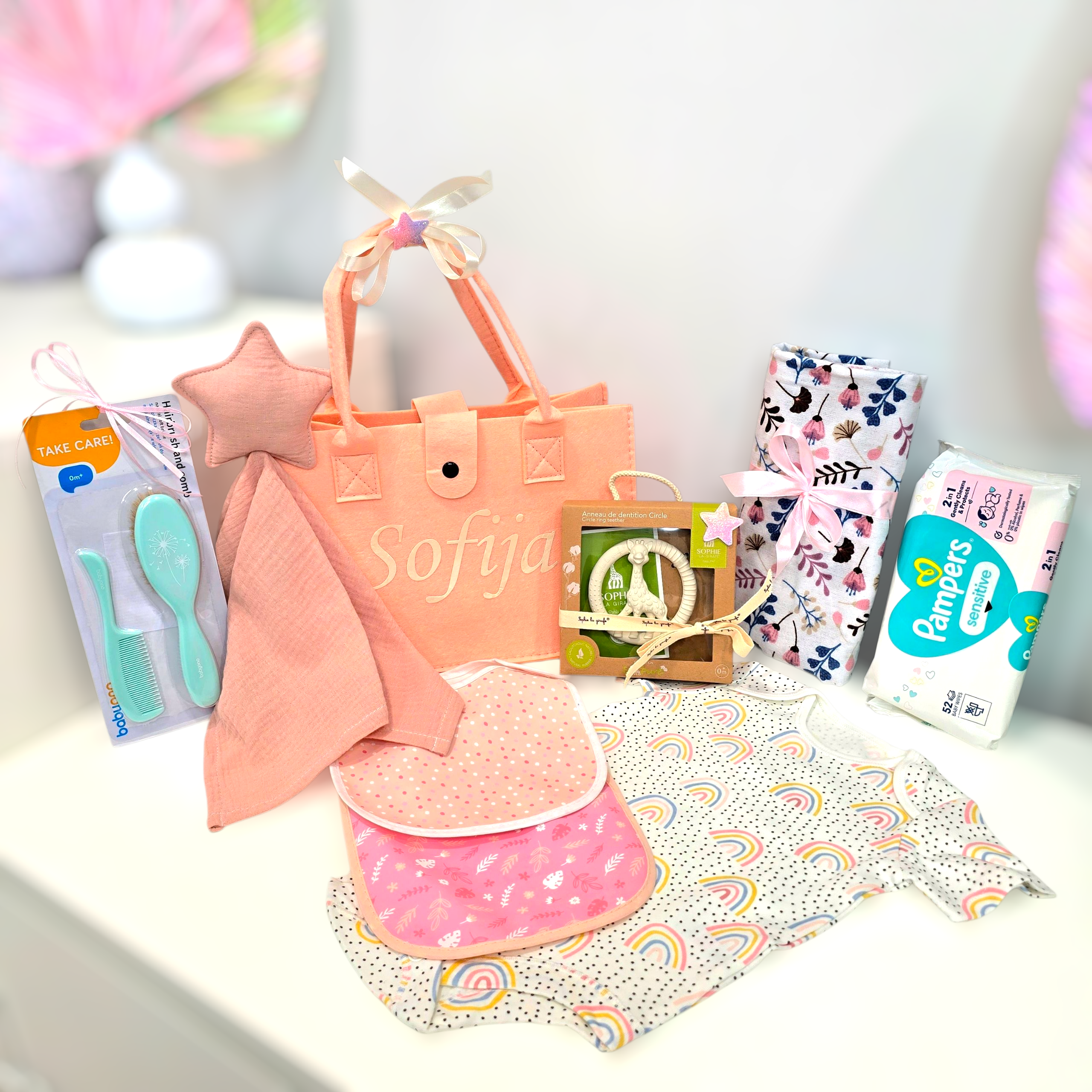 Dovanų krepšelis naujagimiui ir nėštukei (rožinis)