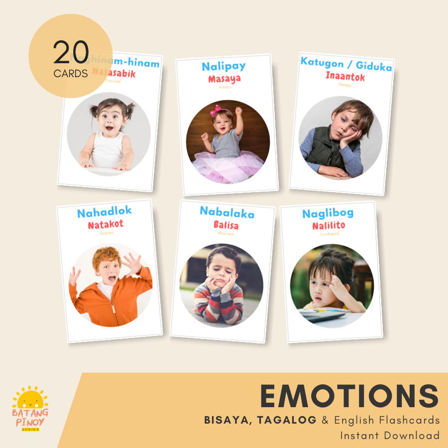 Emotions Bisaya, Tagalog & English Flashcards