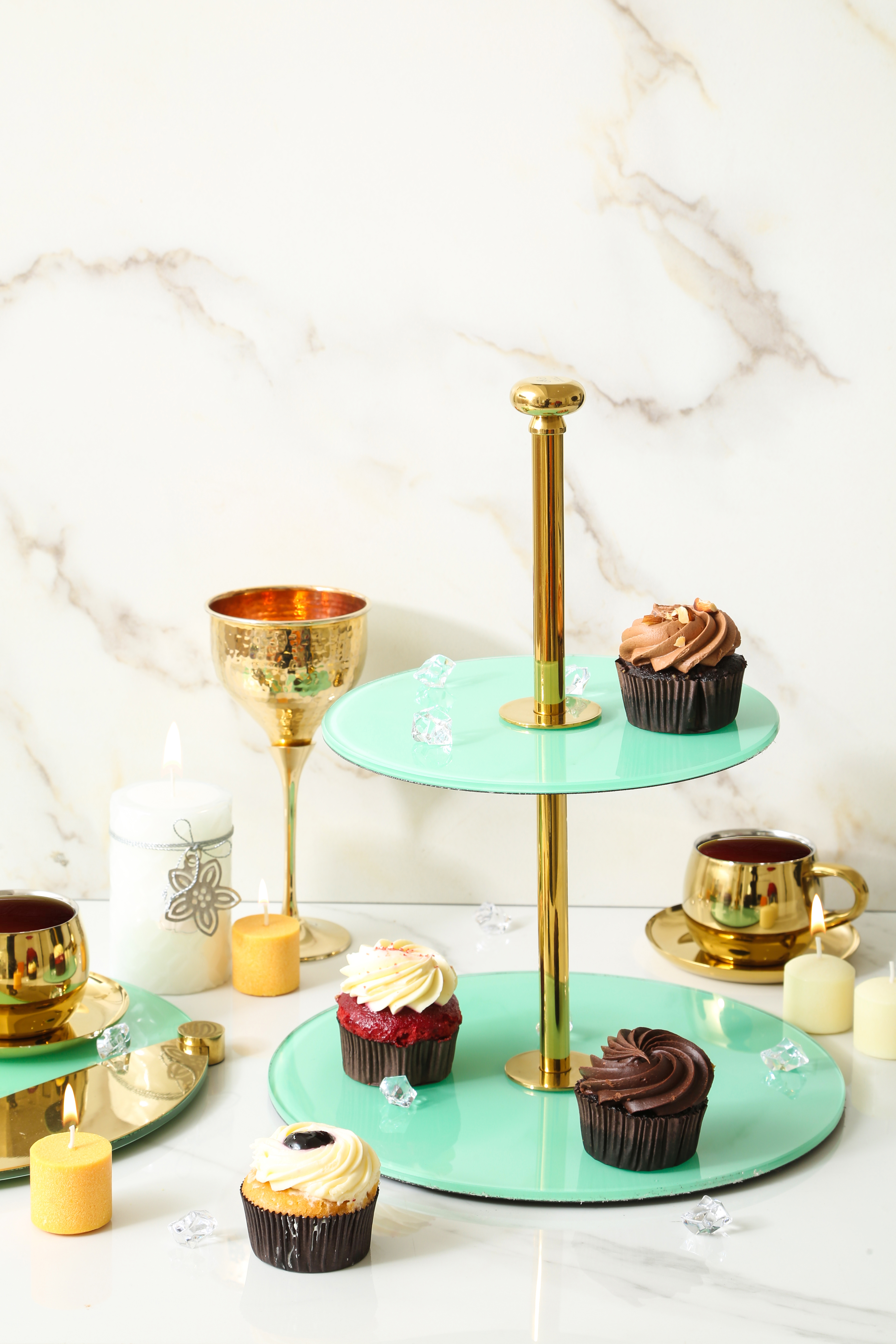 Oiva Glass 2 Tier Platter, Teal/Golden