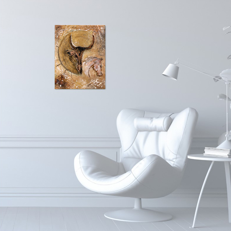 Tableau en matière Taureau & Cheval