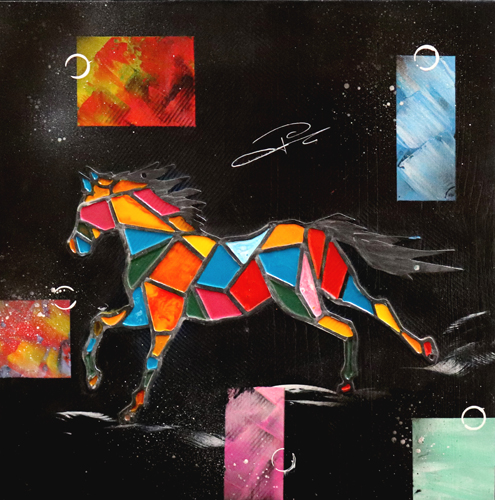 Tableau Bois cheval multicolore - Découpe Laser