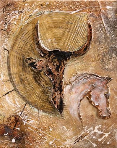 Tableau en matière Taureau & Cheval