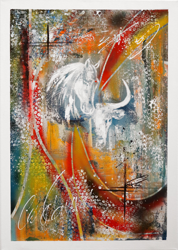 Peinture abstraite de cheval et taureau