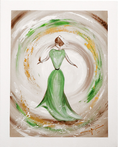 Peinture d'une Arlésienne en robe verte