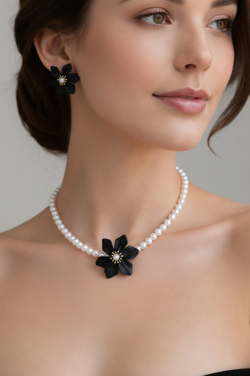 Karoliukų kaklo papuošalo ir auskarų komplektas su juoda gėle