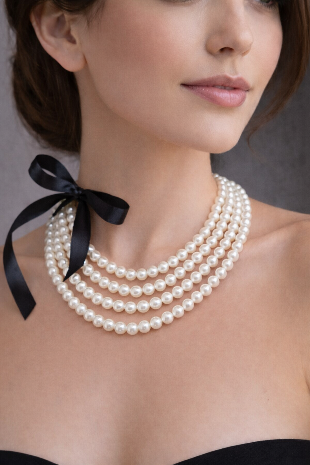 Vėrinys iš dirbtinių perlų su juodu kaspinu