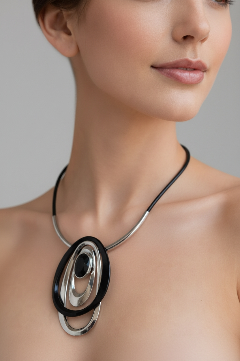 Juodos ir sidabro spalvos modernus kaklo papuošalas