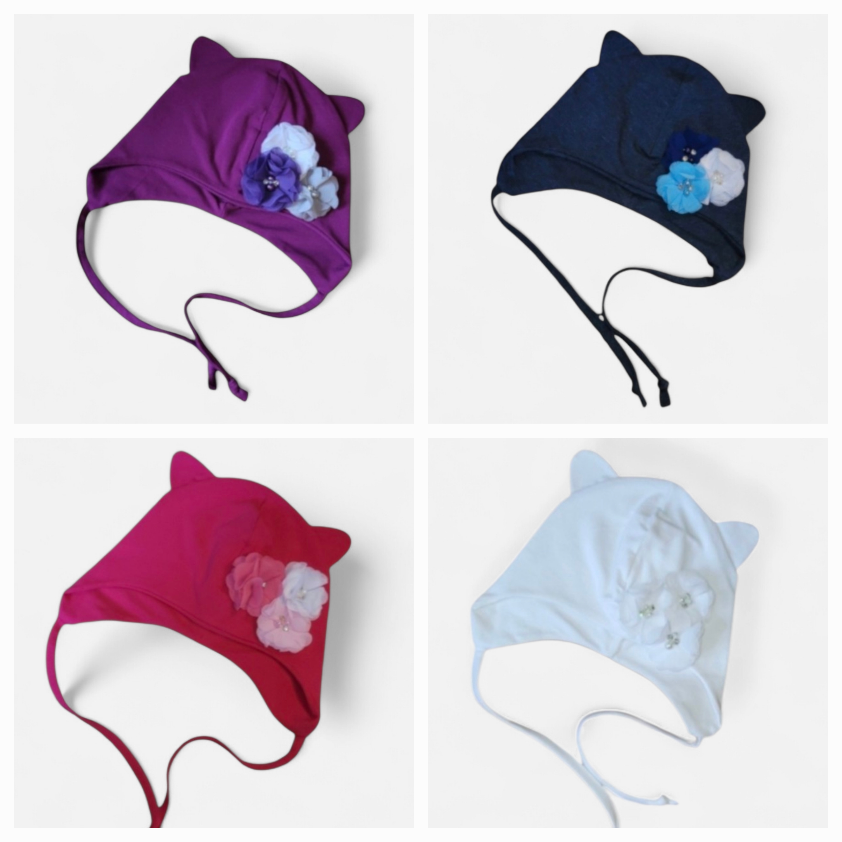 Pavasarinė-rudeninė kepurė su gėlėmis ir raišteliais