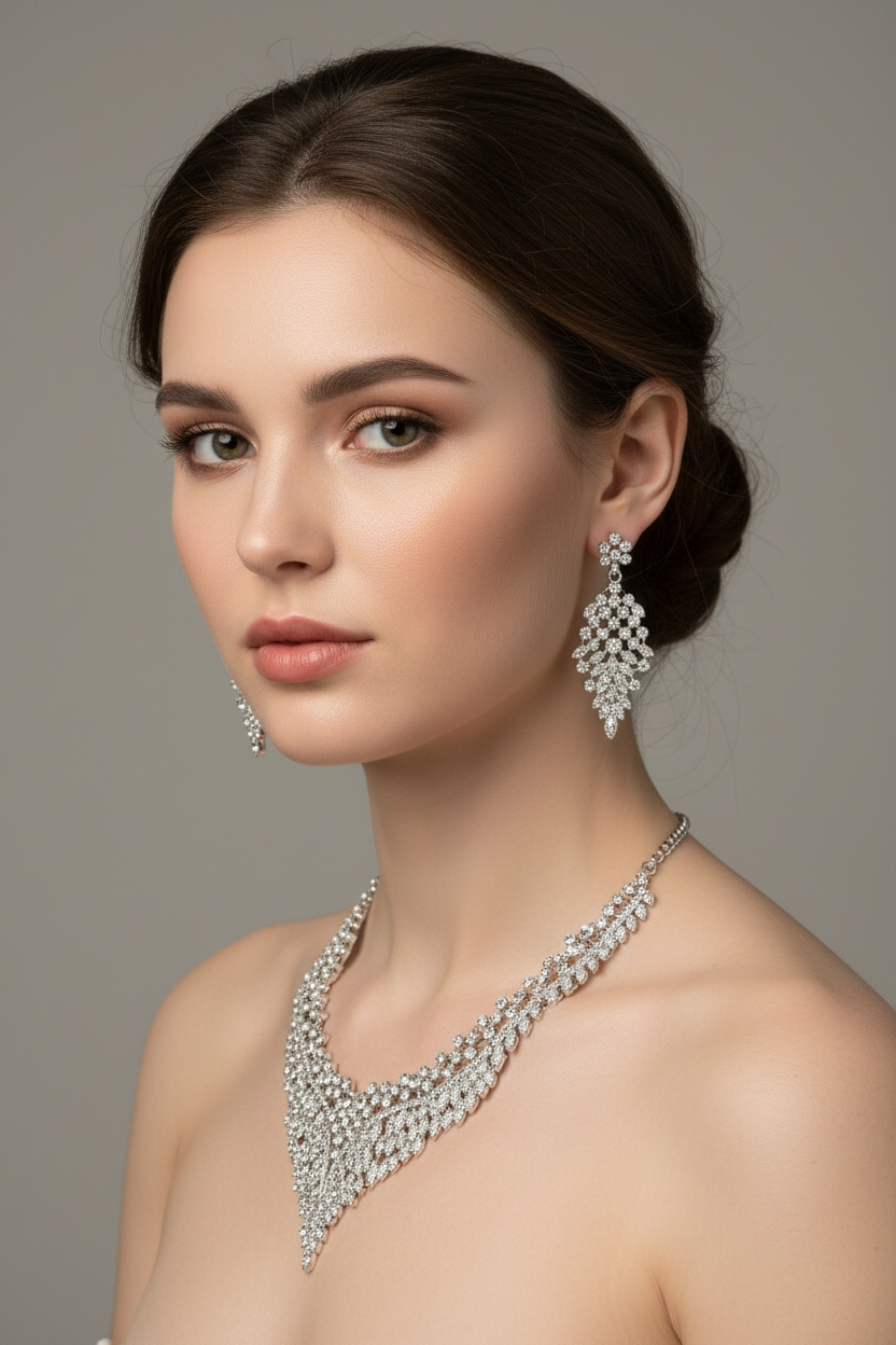 Sidabro spalvos šventinis kaklo ir auskarų komplektas